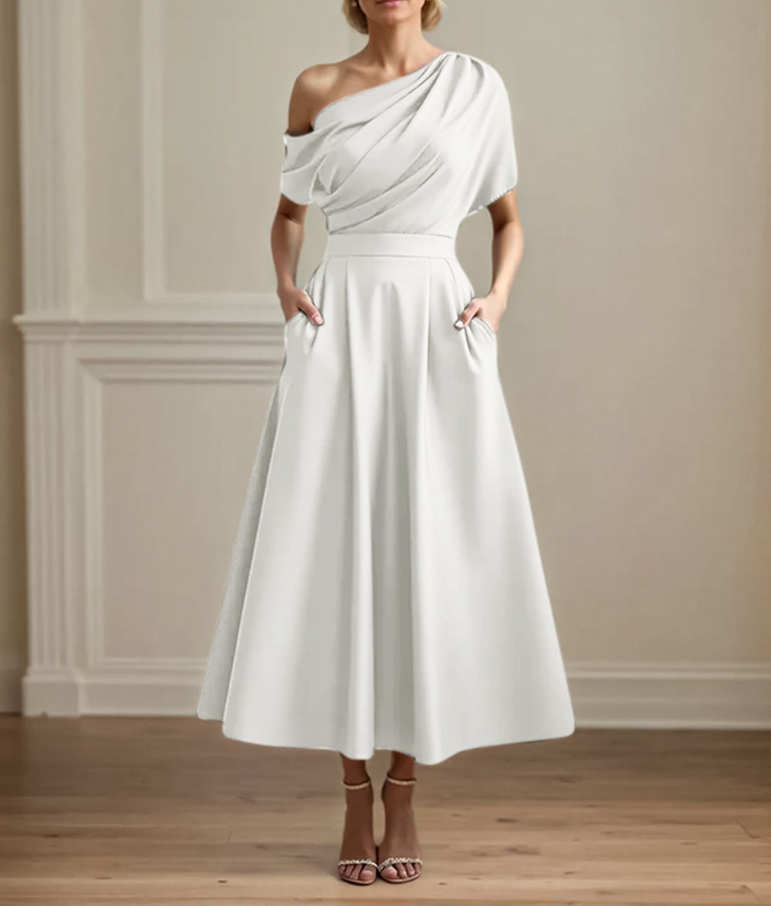 A Line Satin One Shoulder Pleated Ankle Length Mother of the Bride Dress