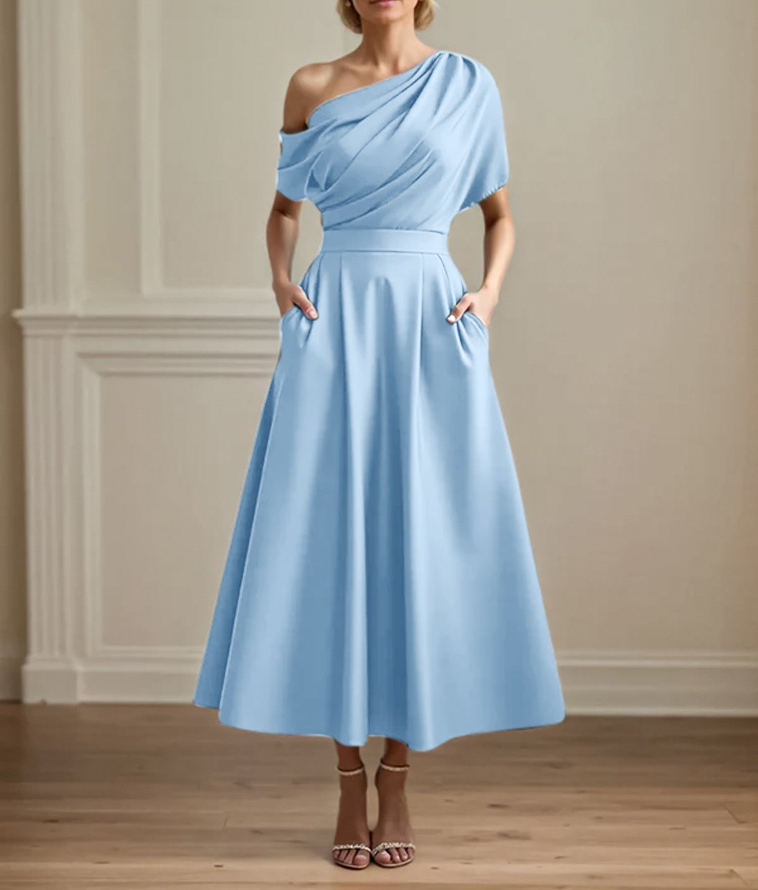 A Line Satin One Shoulder Pleated Ankle Length Mother of the Bride Dress