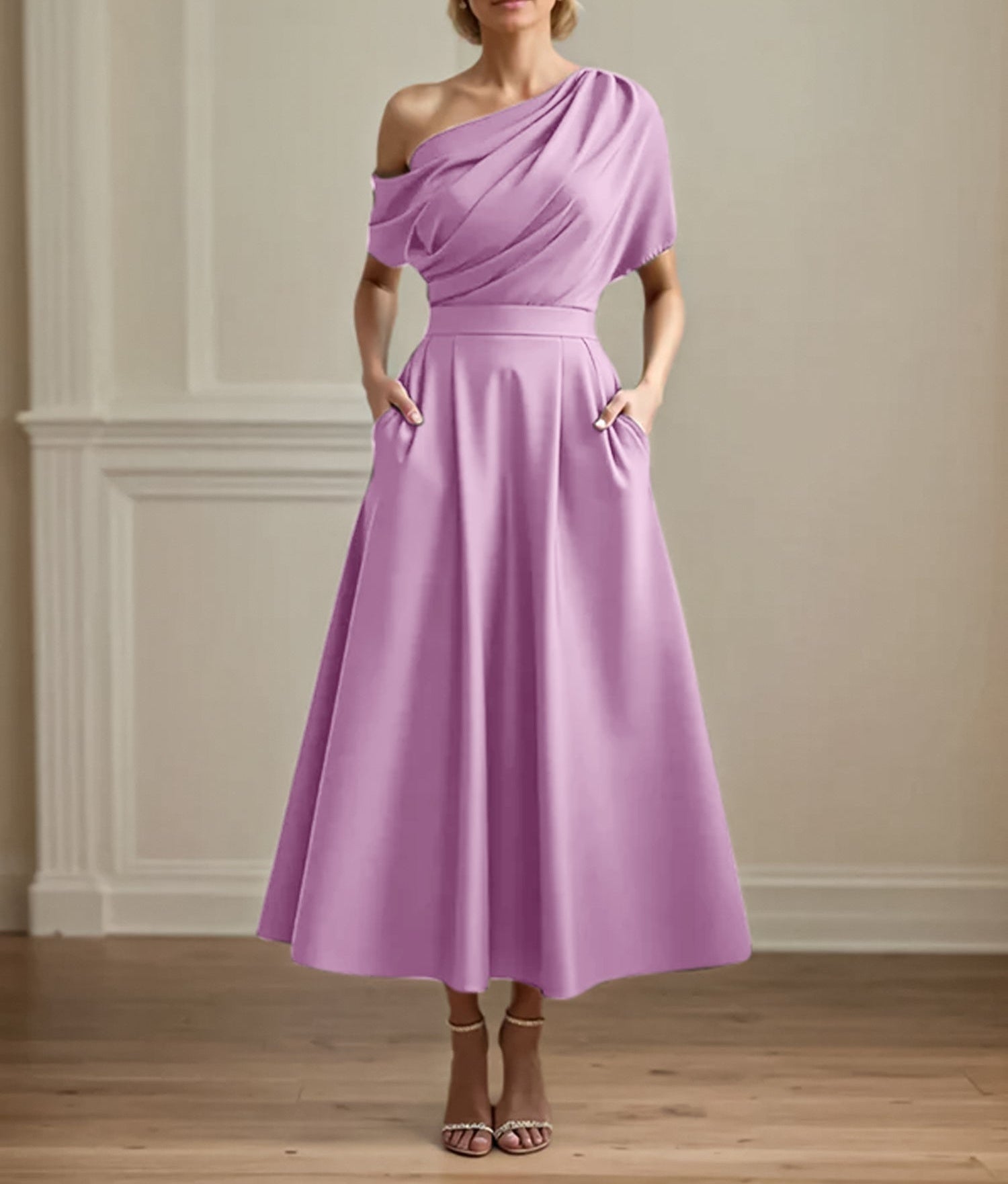A Line Satin One Shoulder Pleated Ankle Length Mother of the Bride Dress