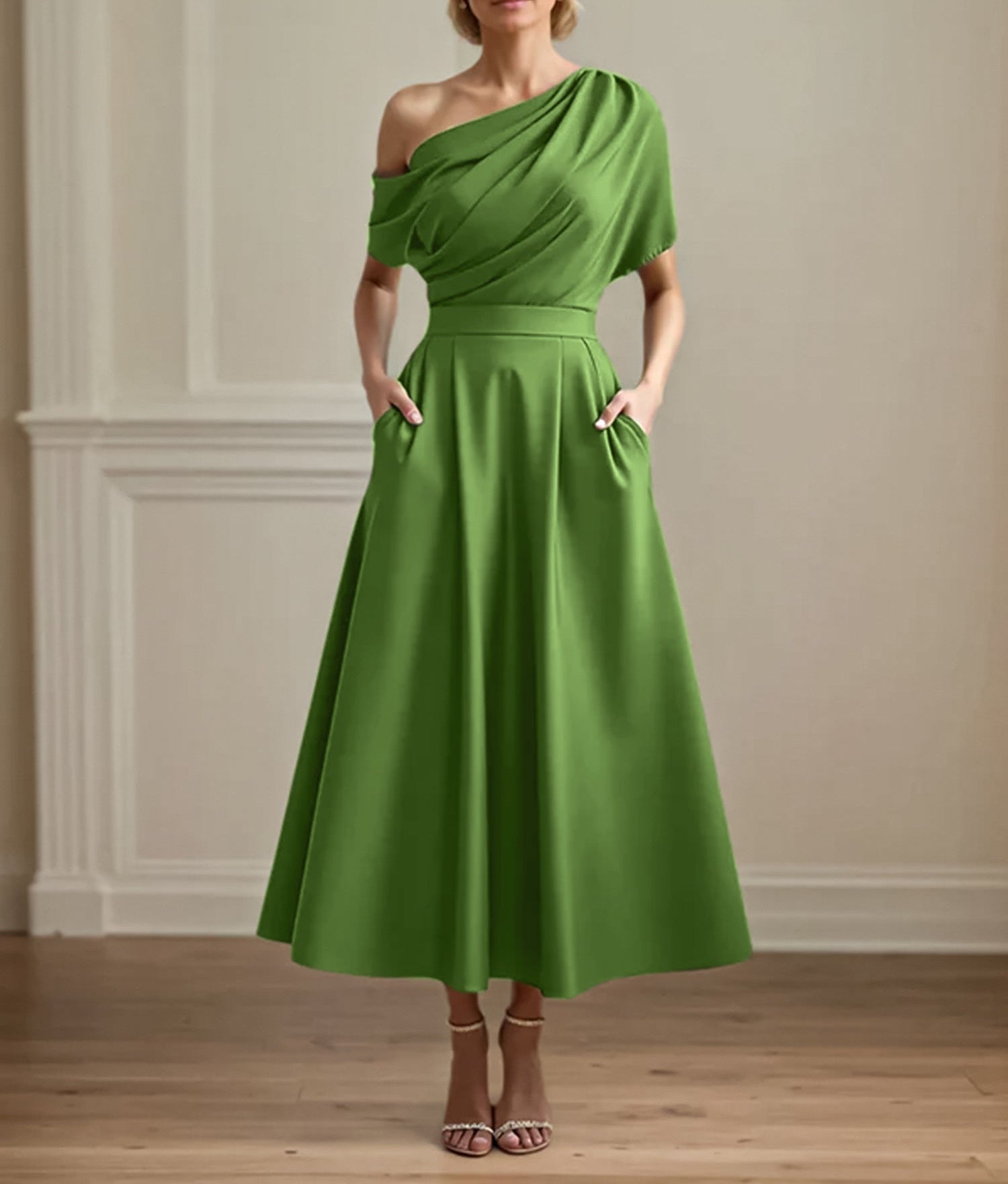 A Line Satin One Shoulder Pleated Ankle Length Mother of the Bride Dress