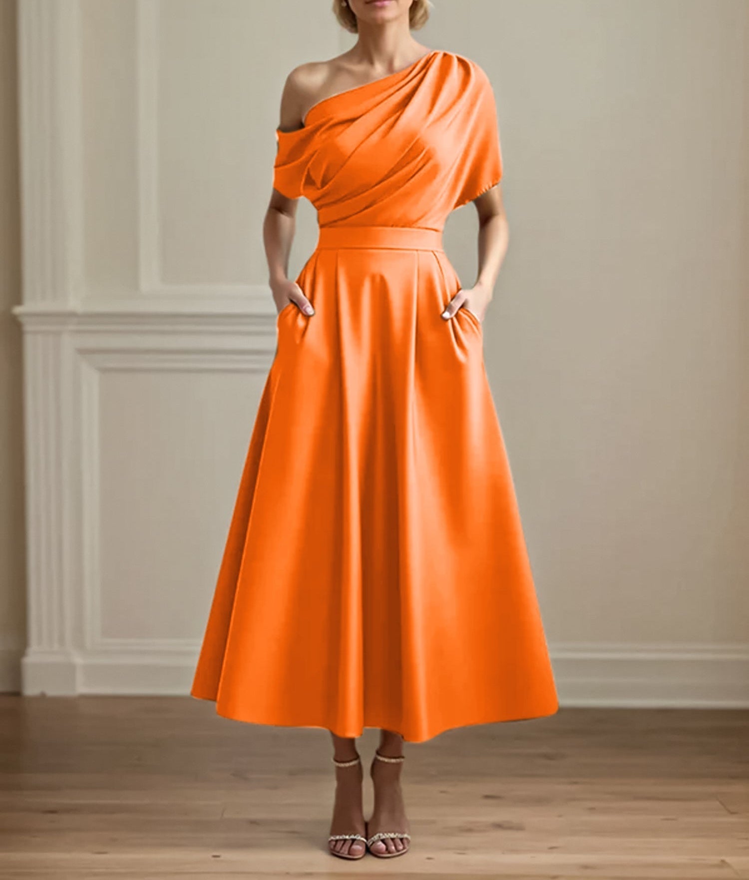 A Line Satin One Shoulder Pleated Ankle Length Mother of the Bride Dress