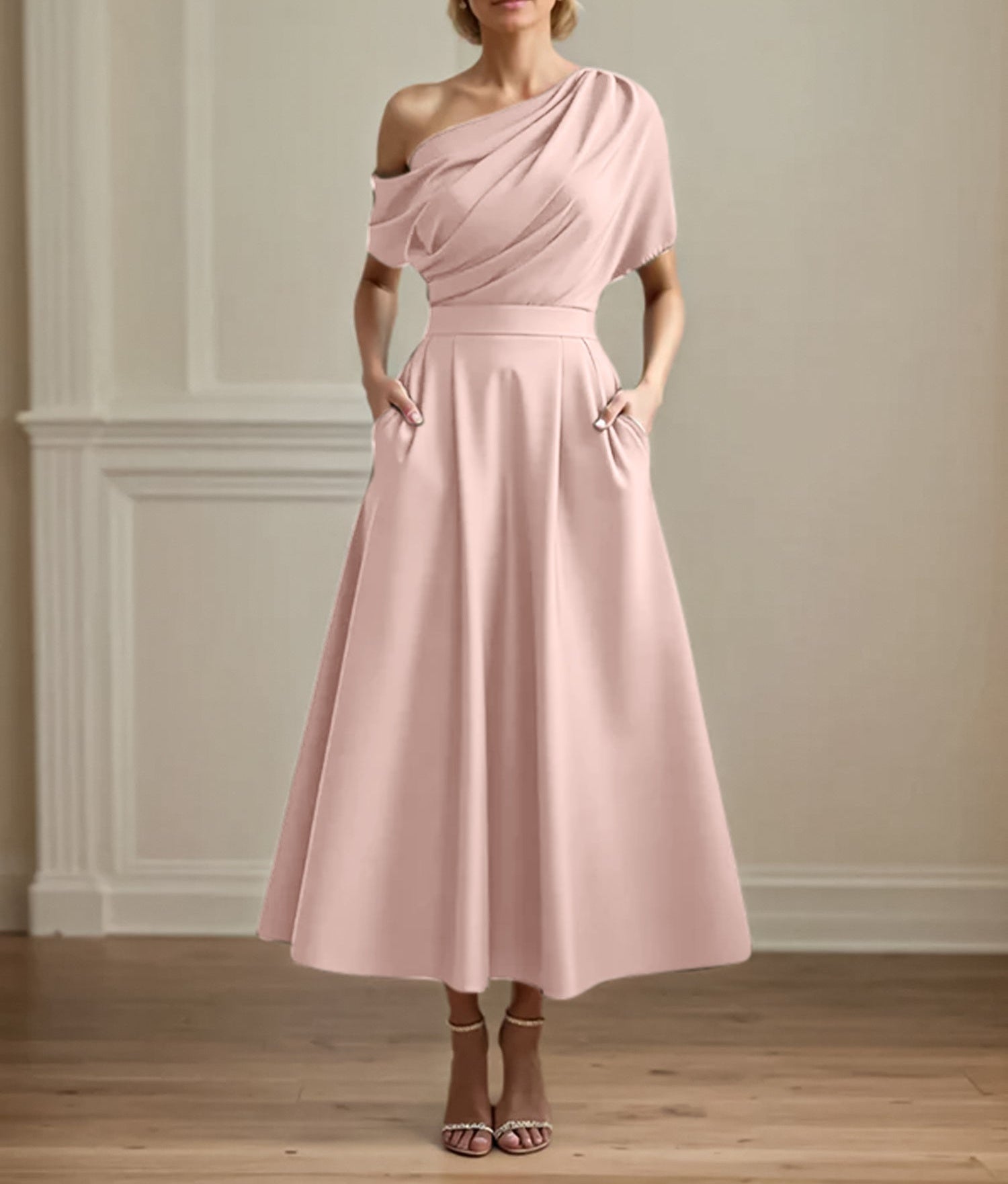 A Line Satin One Shoulder Pleated Ankle Length Mother of the Bride Dress