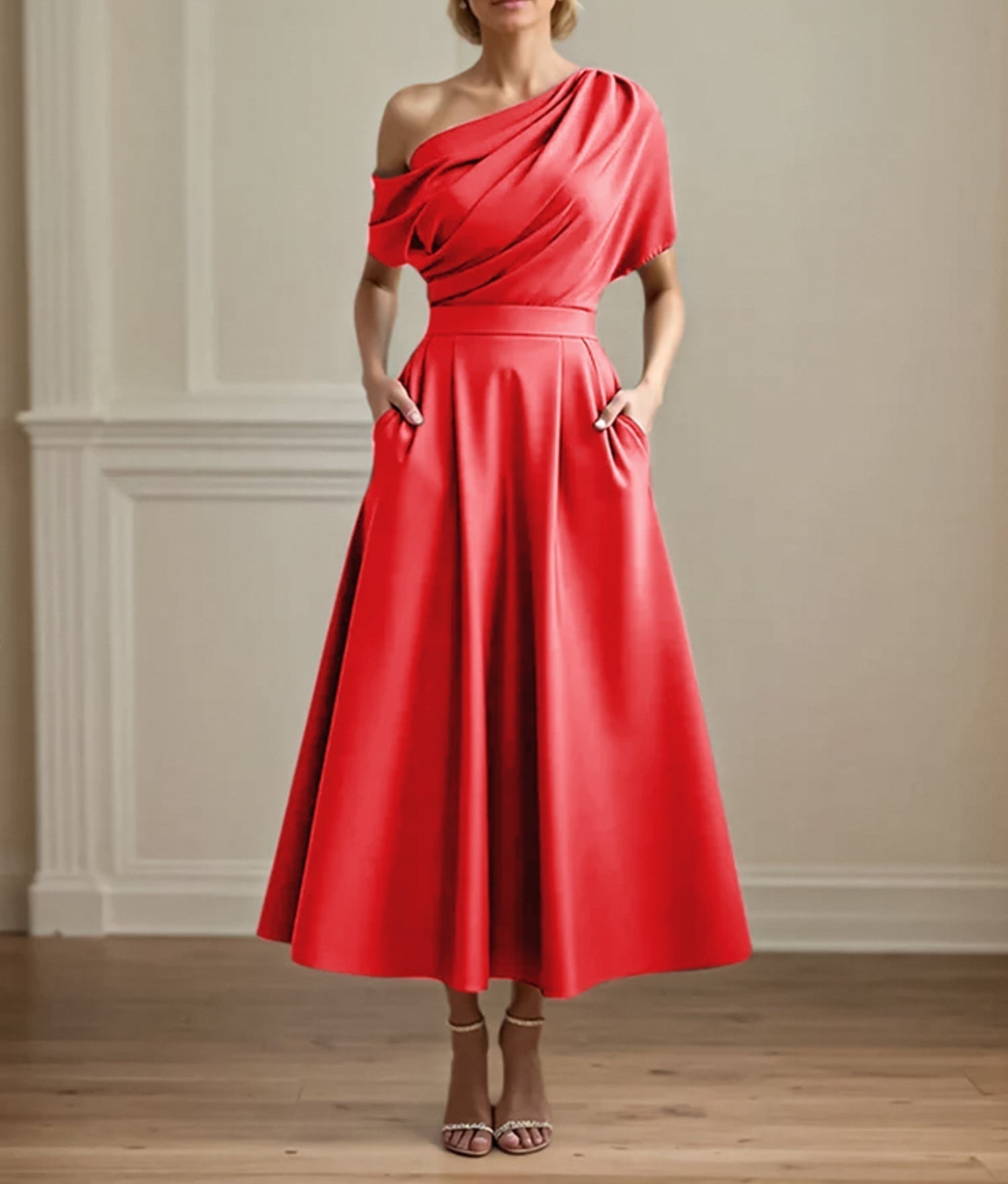 A Line Satin One Shoulder Pleated Ankle Length Mother of the Bride Dress
