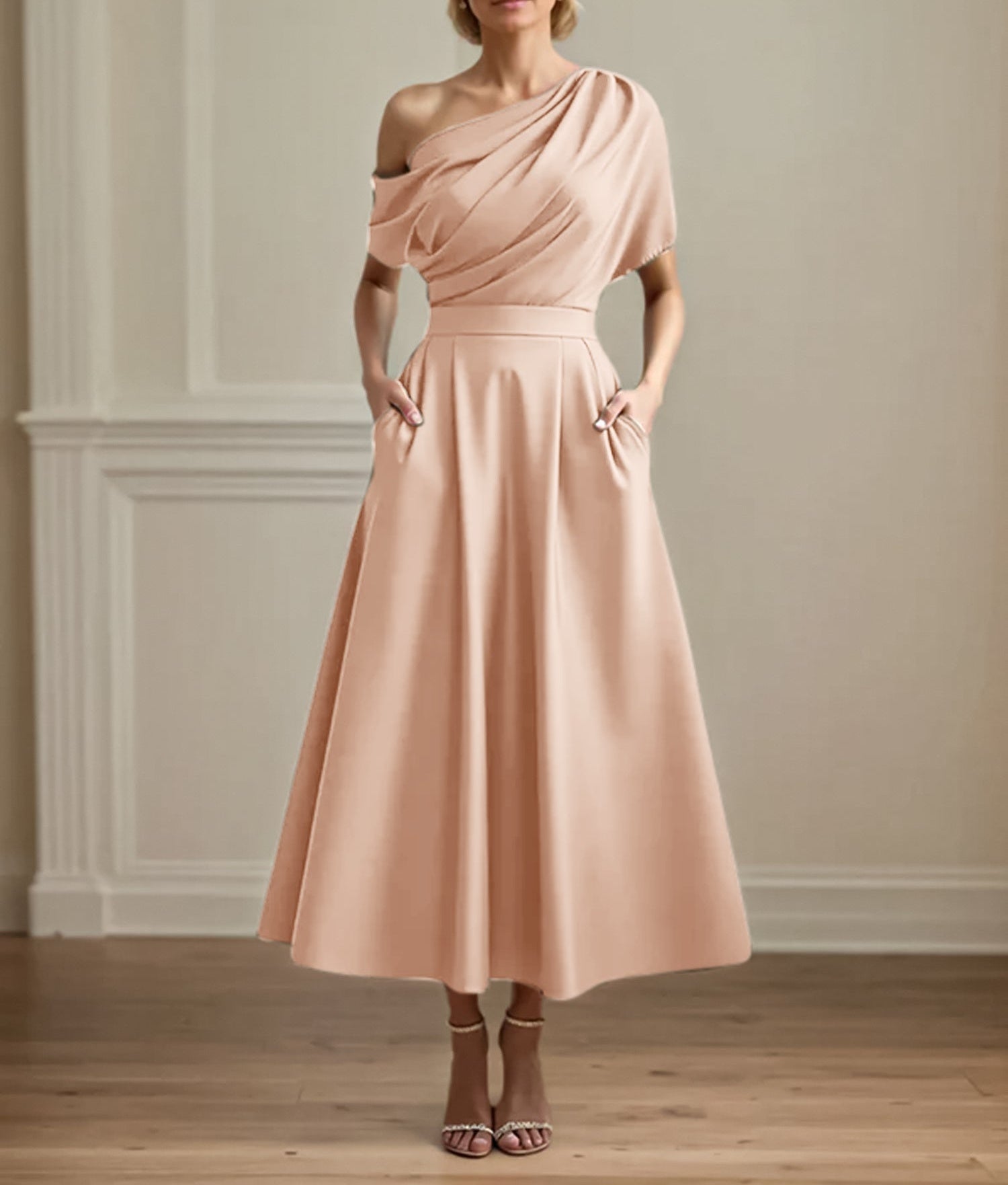 A Line Satin One Shoulder Pleated Ankle Length Mother of the Bride Dress