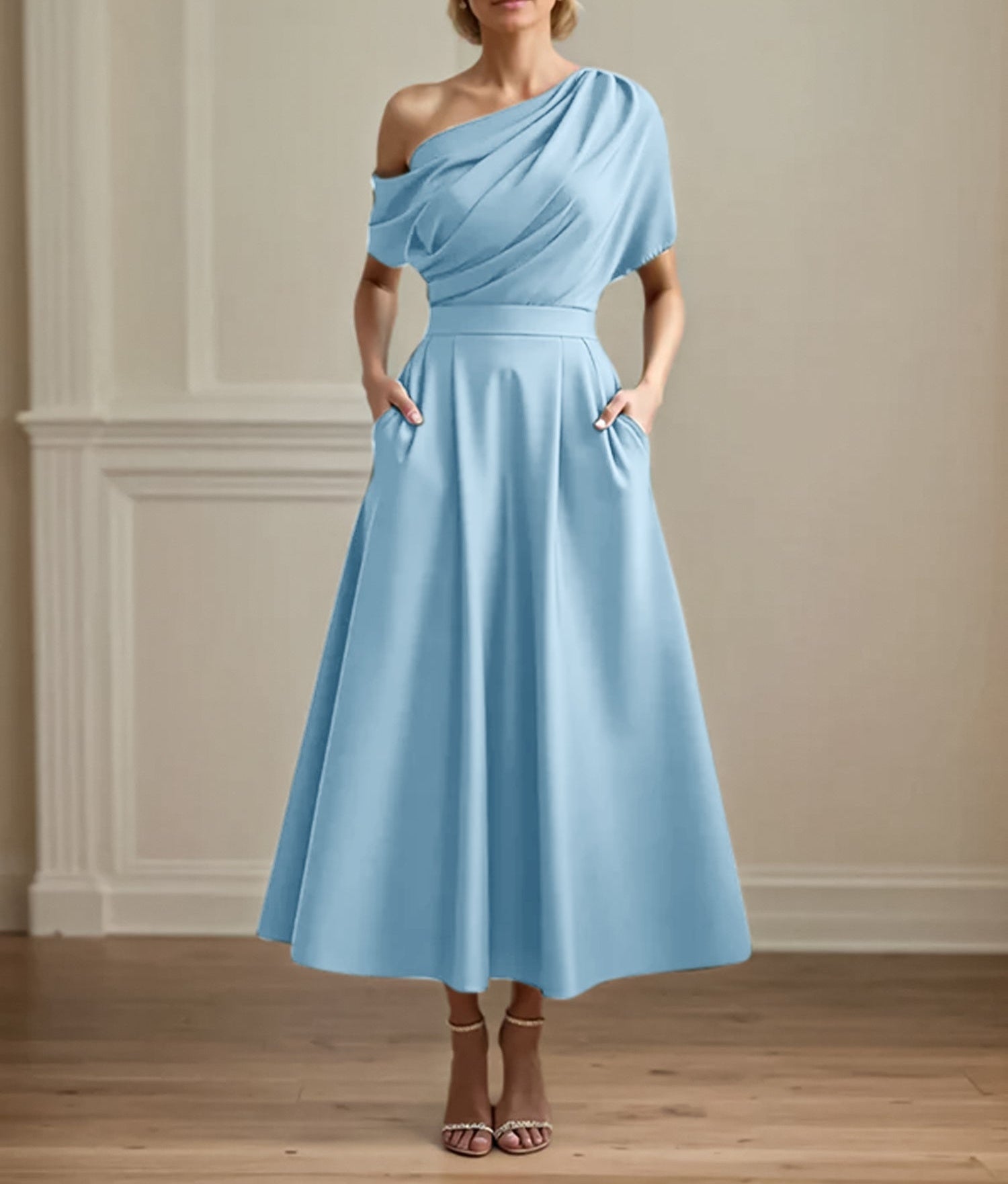 A Line Satin One Shoulder Pleated Ankle Length Mother of the Bride Dress