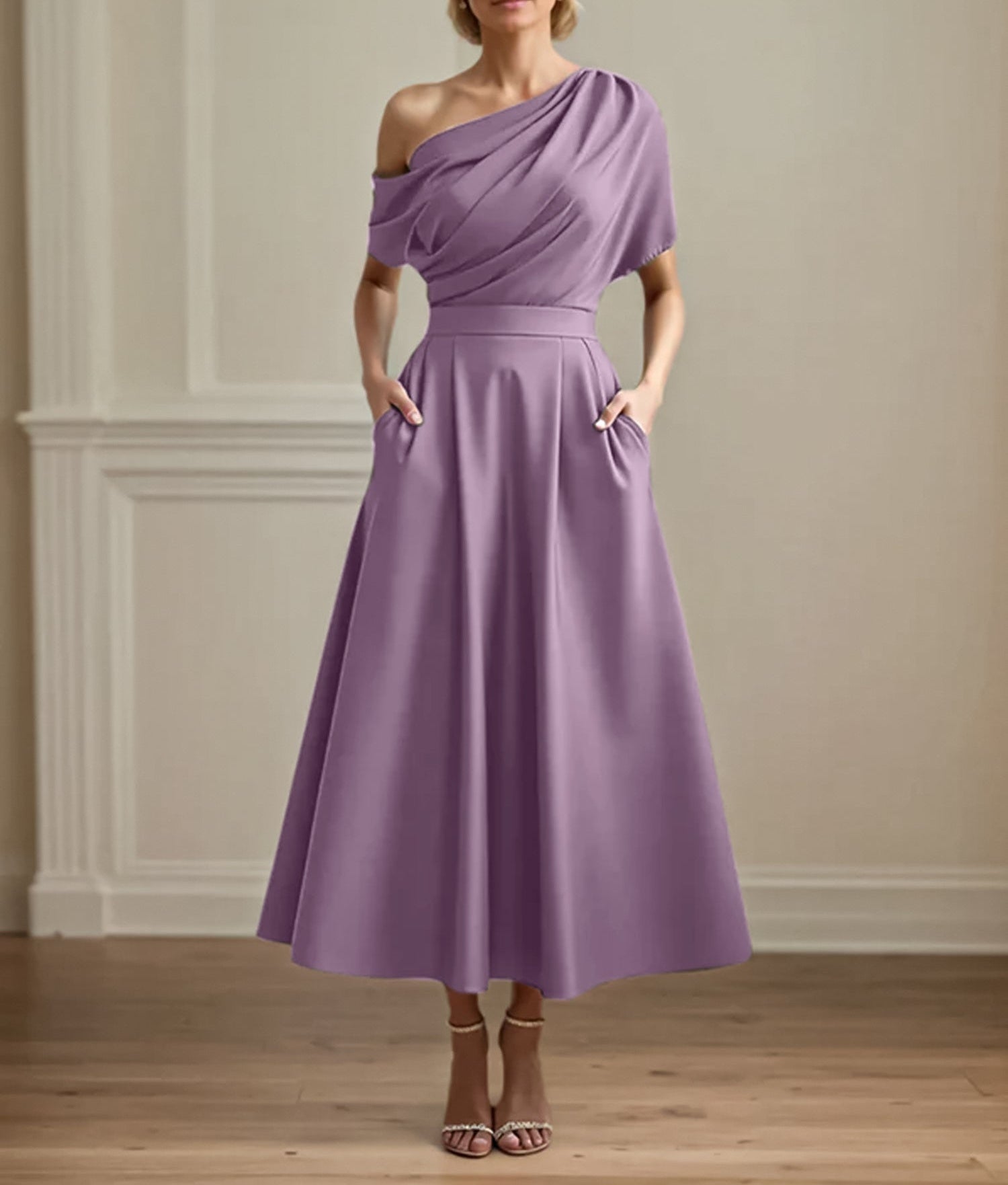 A Line Satin One Shoulder Pleated Ankle Length Mother of the Bride Dress