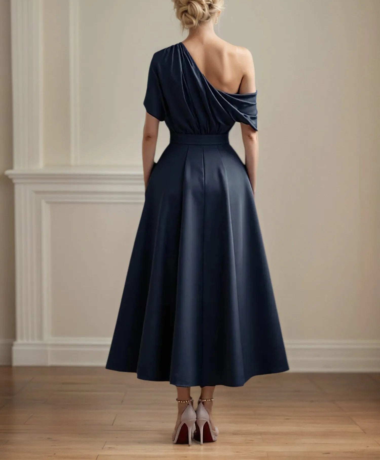 A Line Satin One Shoulder Pleated Ankle Length Mother of the Bride Dress