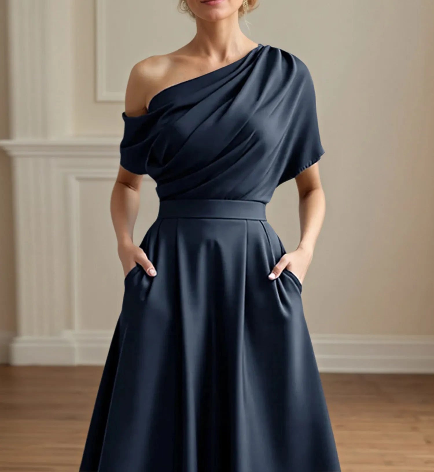 A Line Satin One Shoulder Pleated Ankle Length Mother of the Bride Dress