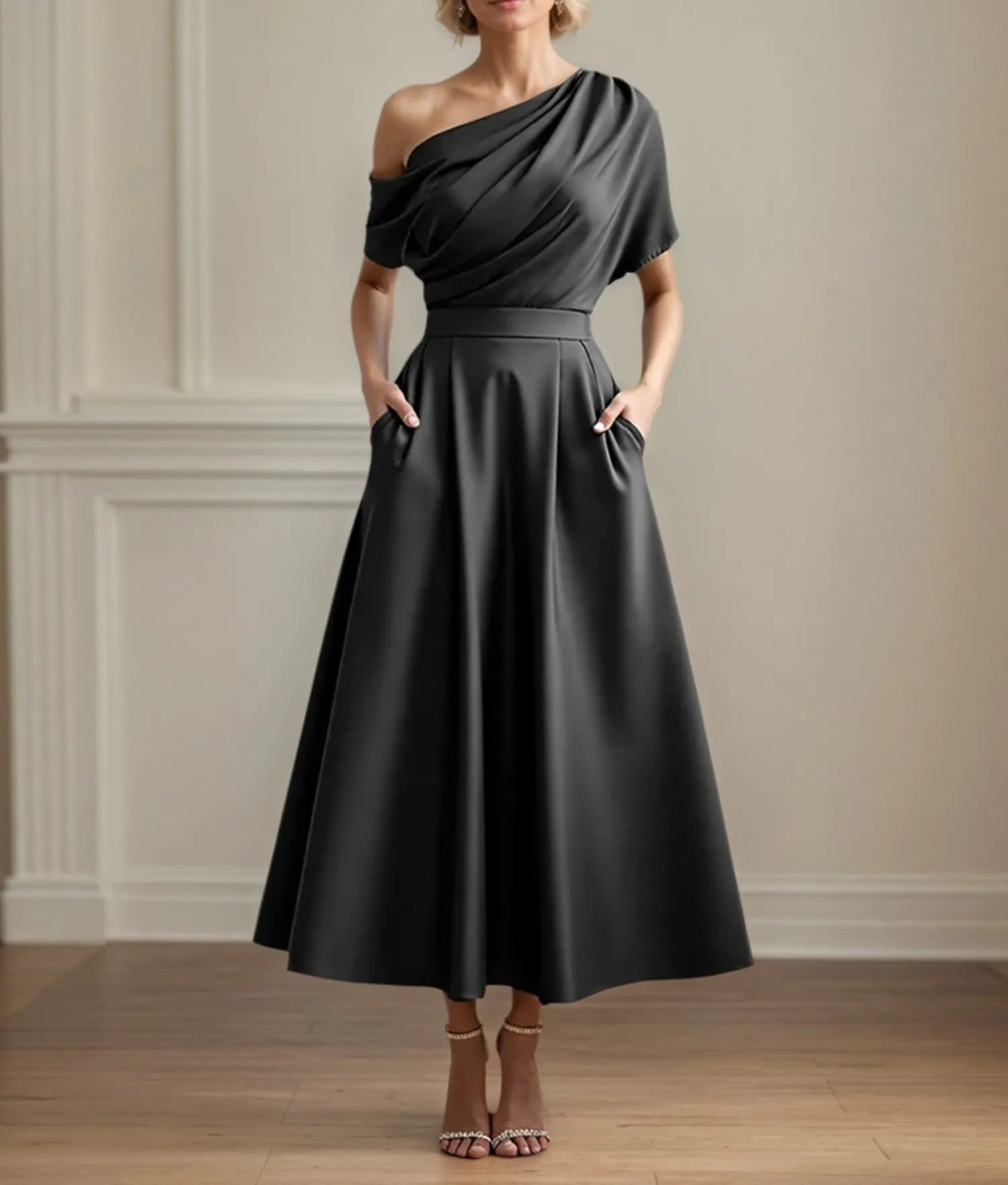 A Line Satin One Shoulder Pleated Ankle Length Mother of the Bride Dress