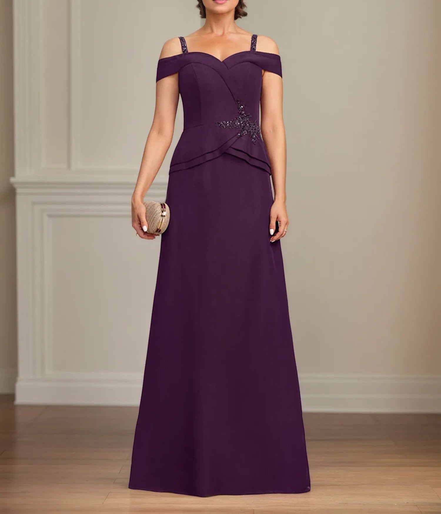A Line Cold Shoulder Floor Length Chiffon Mother of the Bride Dress With Beading Sequins