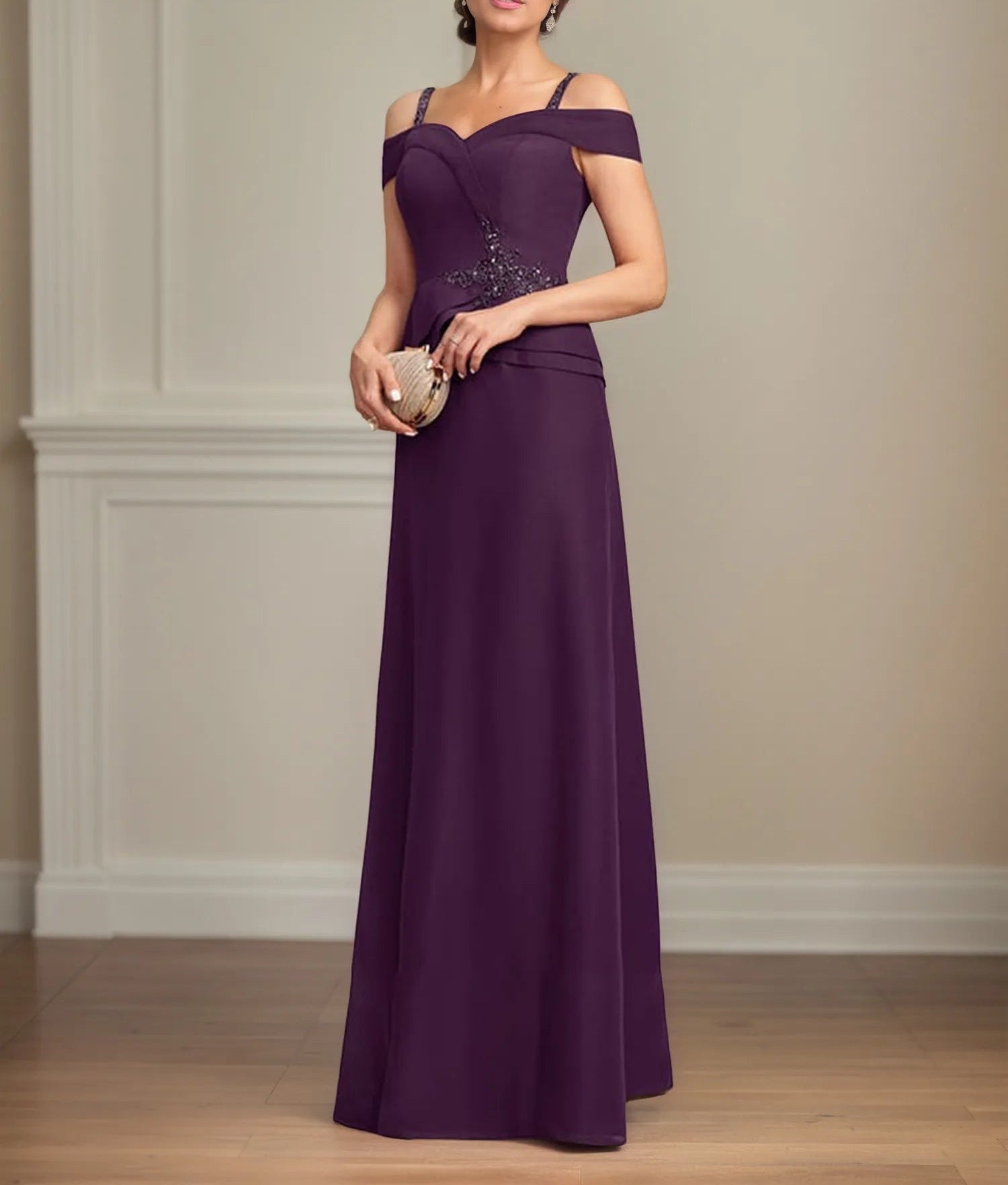 A Line Cold Shoulder Floor Length Chiffon Mother of the Bride Dress With Beading Sequins