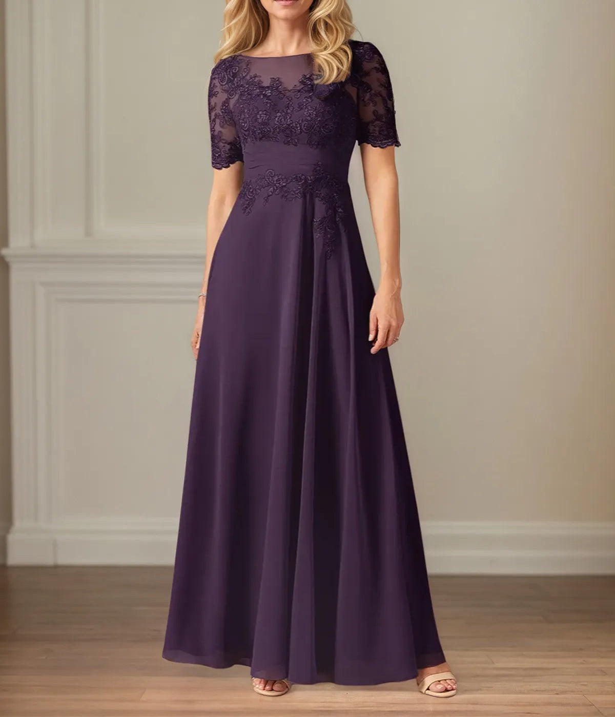 A Line Chiffon Scoop Neck Short Sleeves Floor Length Dress