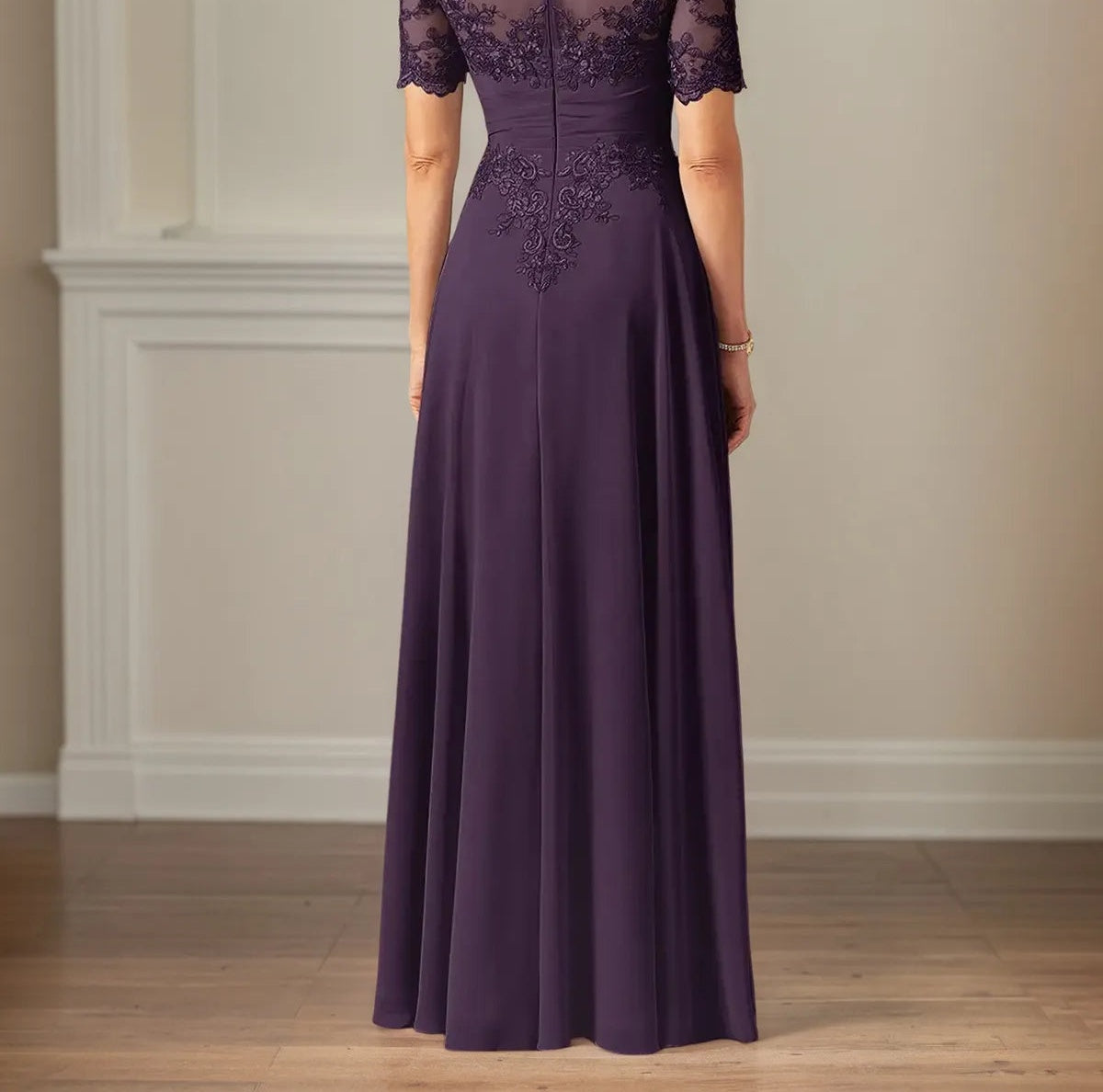 A Line Chiffon Scoop Neck Short Sleeves Floor Length Dress