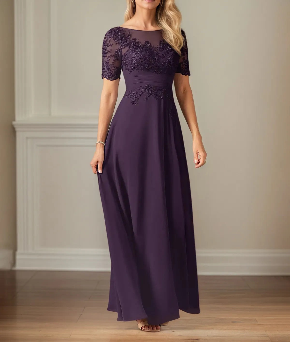 A Line Chiffon Scoop Neck Short Sleeves Floor Length Dress