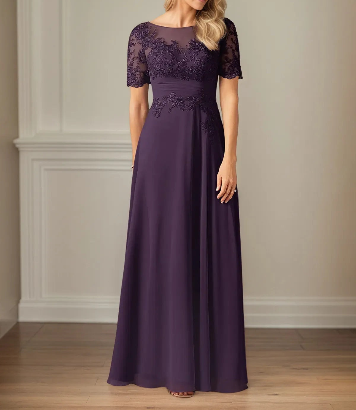 A Line Chiffon Scoop Neck Short Sleeves Floor Length Dress