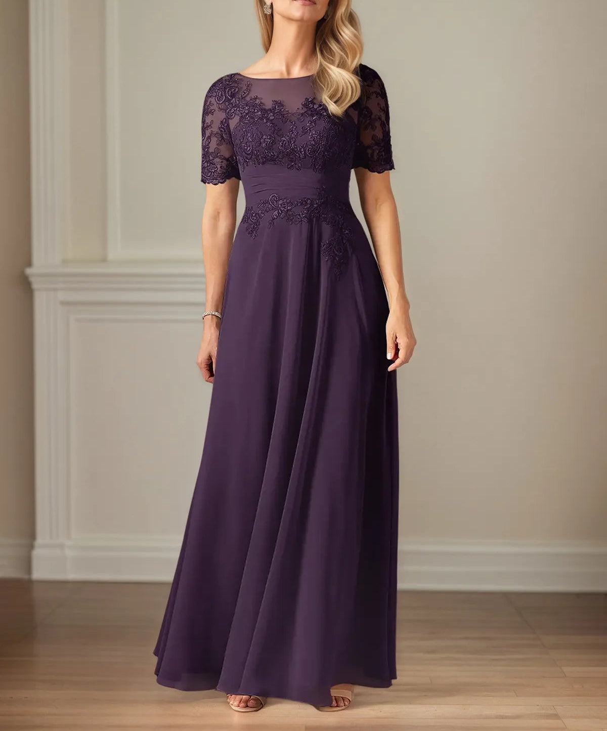 A Line Chiffon Scoop Neck Short Sleeves Floor Length Dress