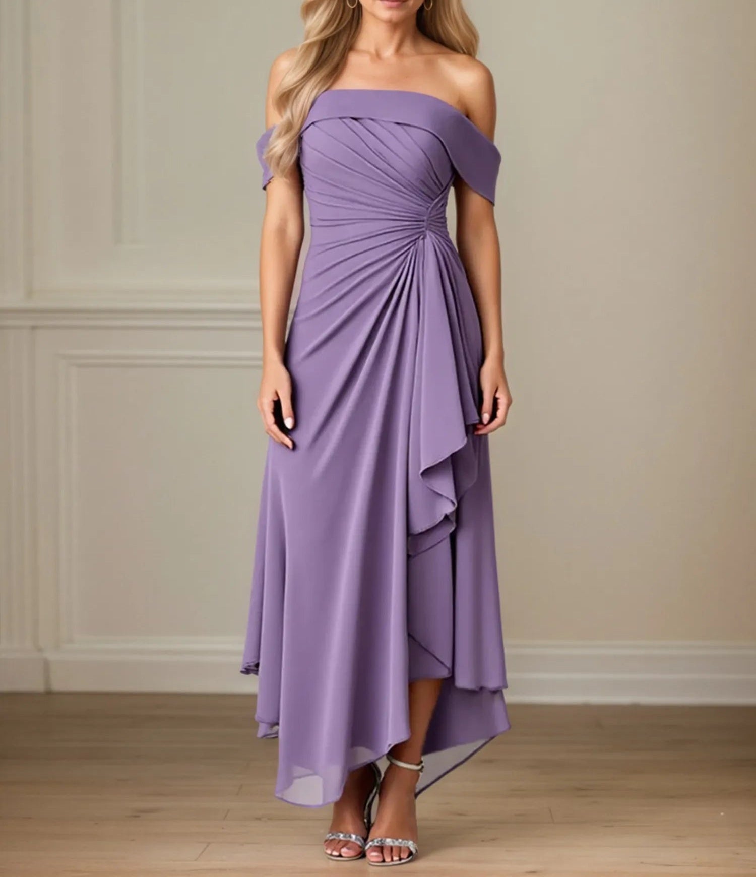 A Line Ruched Ankle Length Mother of the Bride Dress with Ruffles