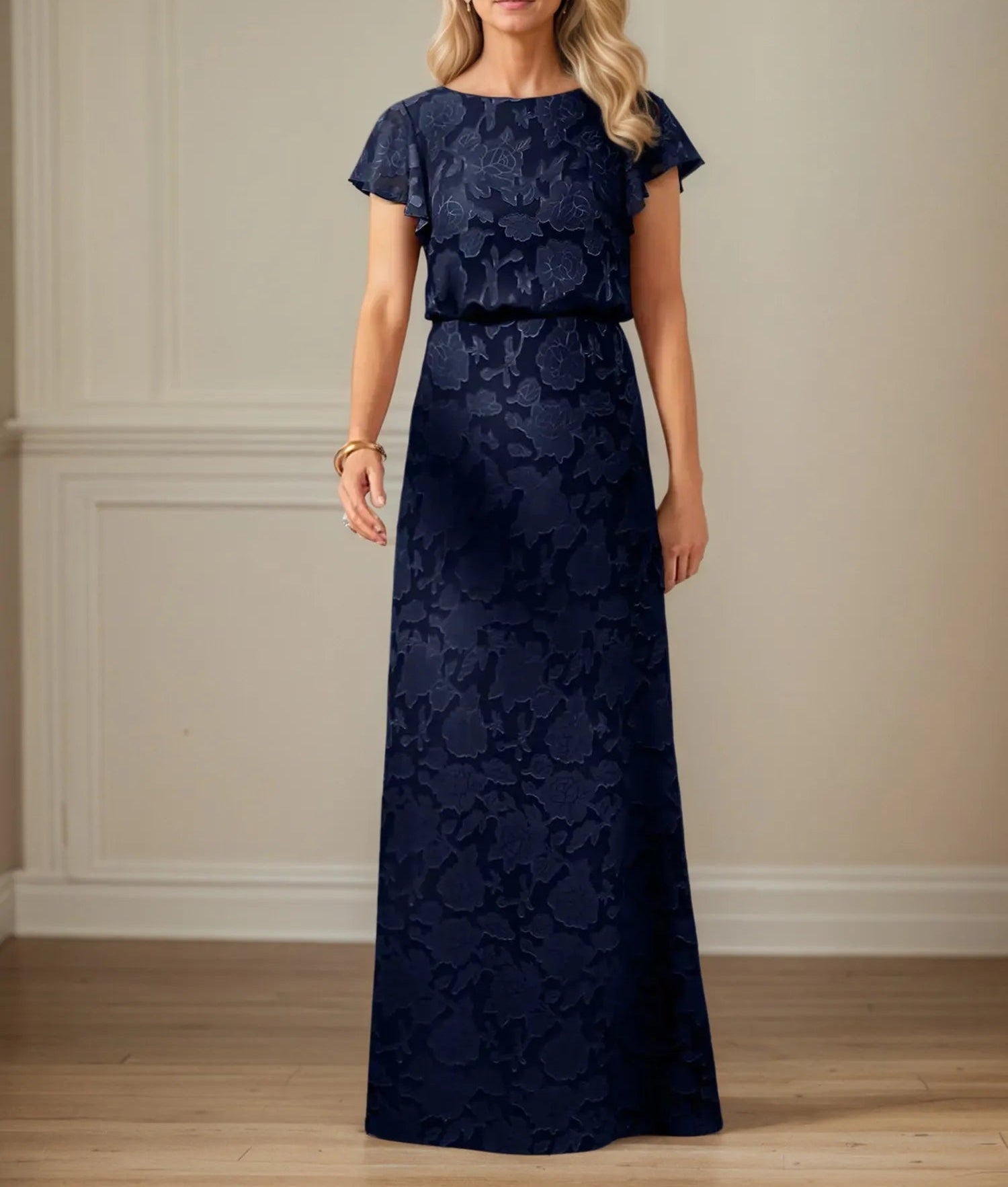 A Line Boat Neck Short Sleeve Floral Burnout Mother of the Bride Dress