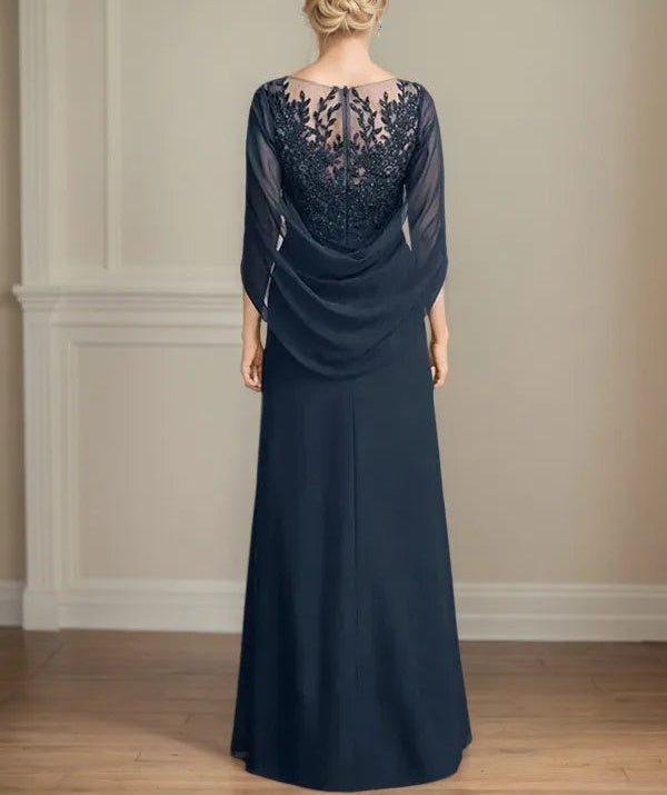 A Line Scoop 3/4 Sleeve Chiffon Mother of the Bride Dress With Appliques