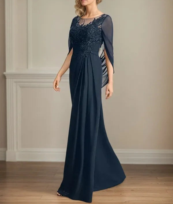 A Line Scoop 3/4 Sleeve Chiffon Mother of the Bride Dress With Appliques