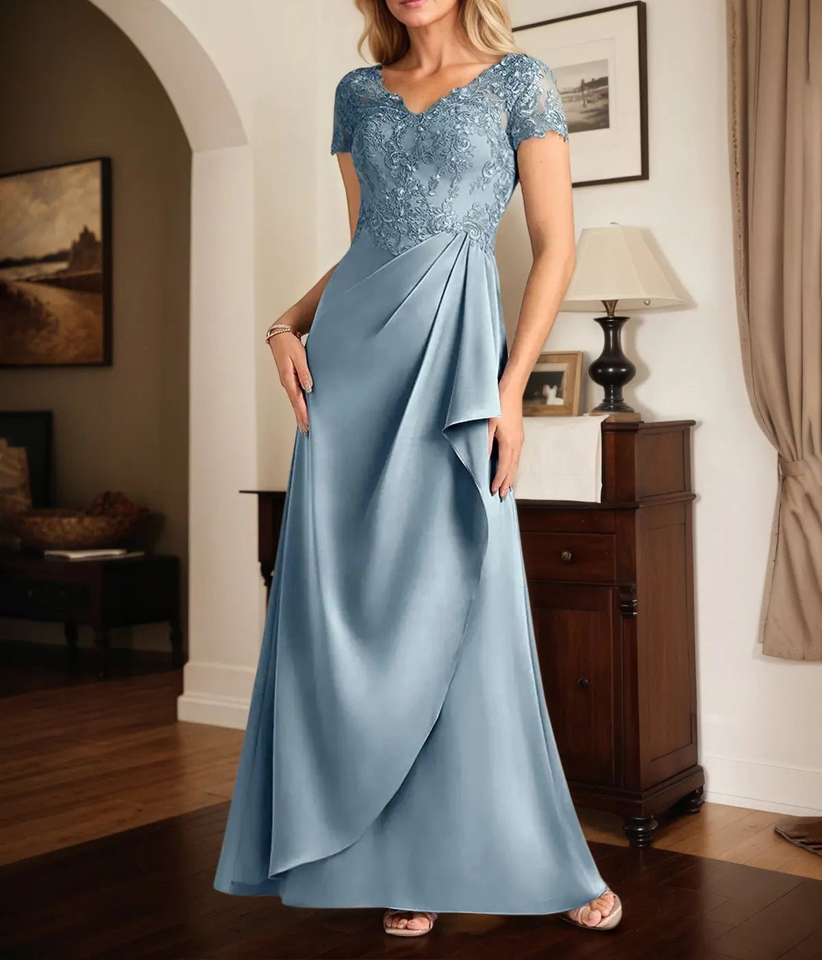 A Line Satin V Neck Short Sleeve Floor Length Dress With Appliques