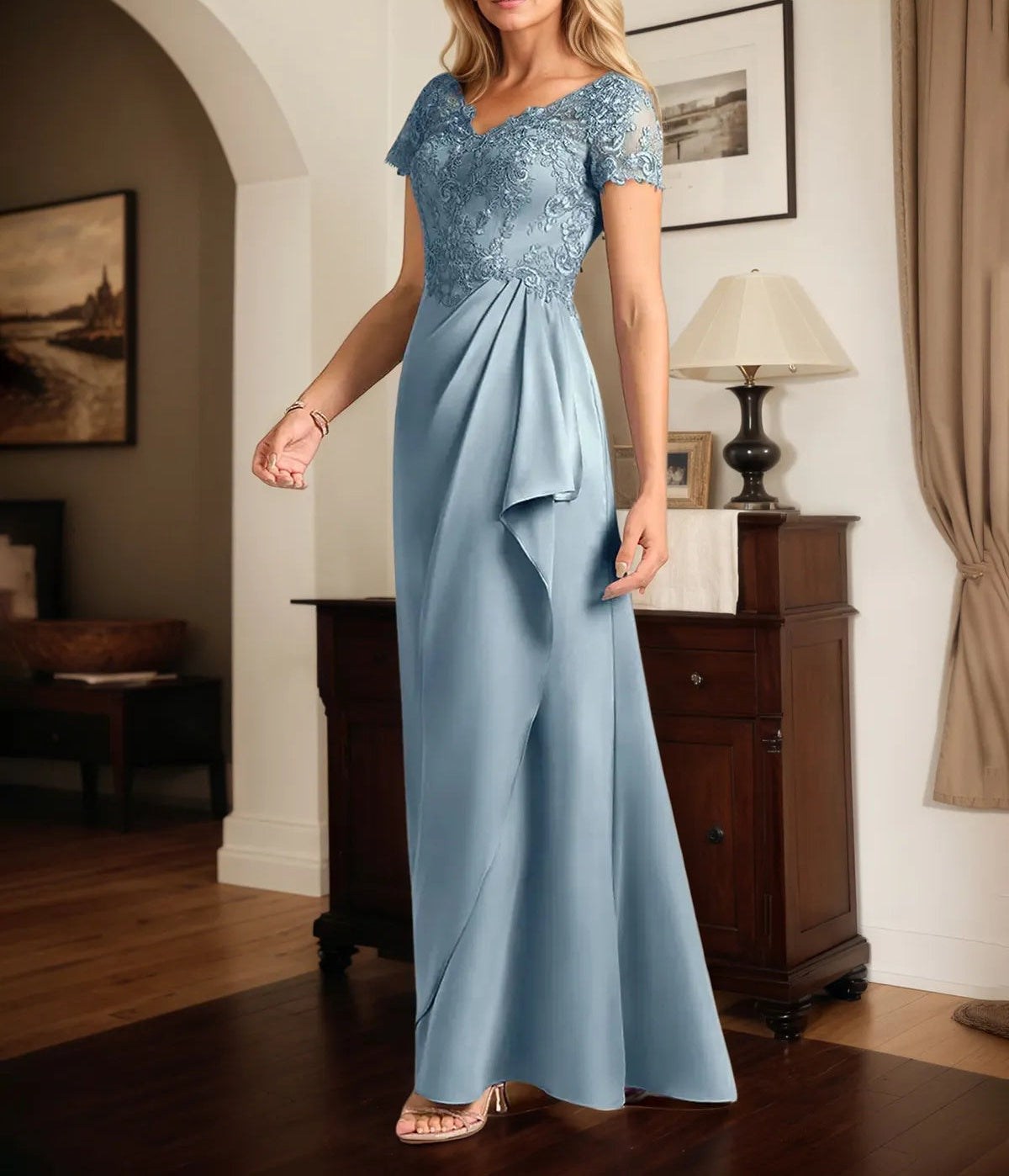 A Line Satin V Neck Short Sleeve Floor Length Dress With Appliques