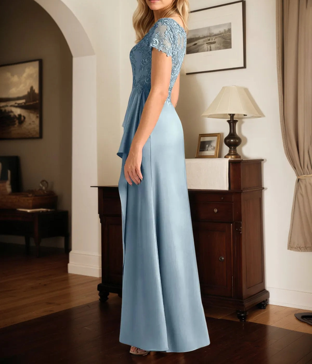 A Line Satin V Neck Short Sleeve Floor Length Dress With Appliques