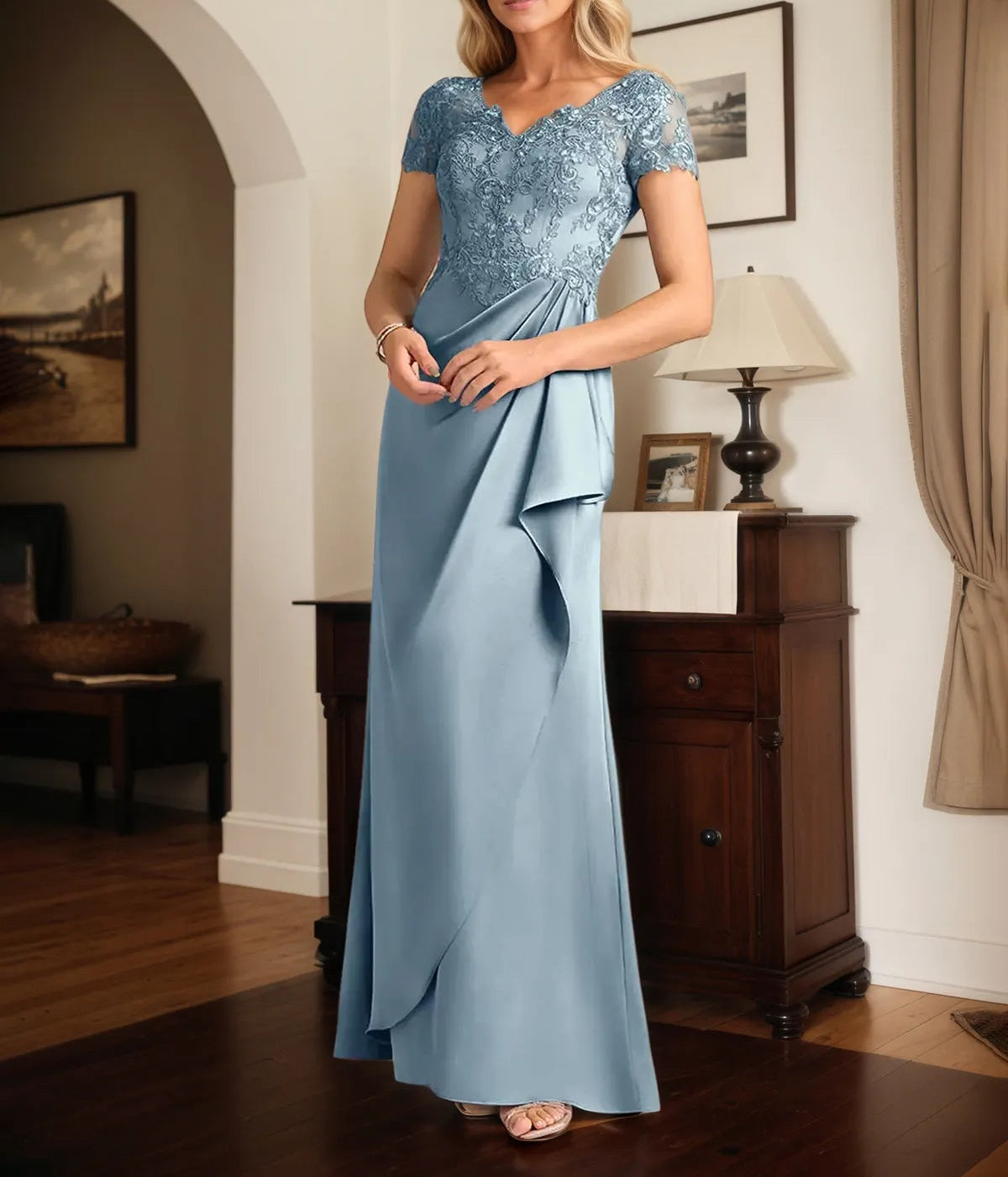 A Line Satin V Neck Short Sleeve Floor Length Dress With Appliques