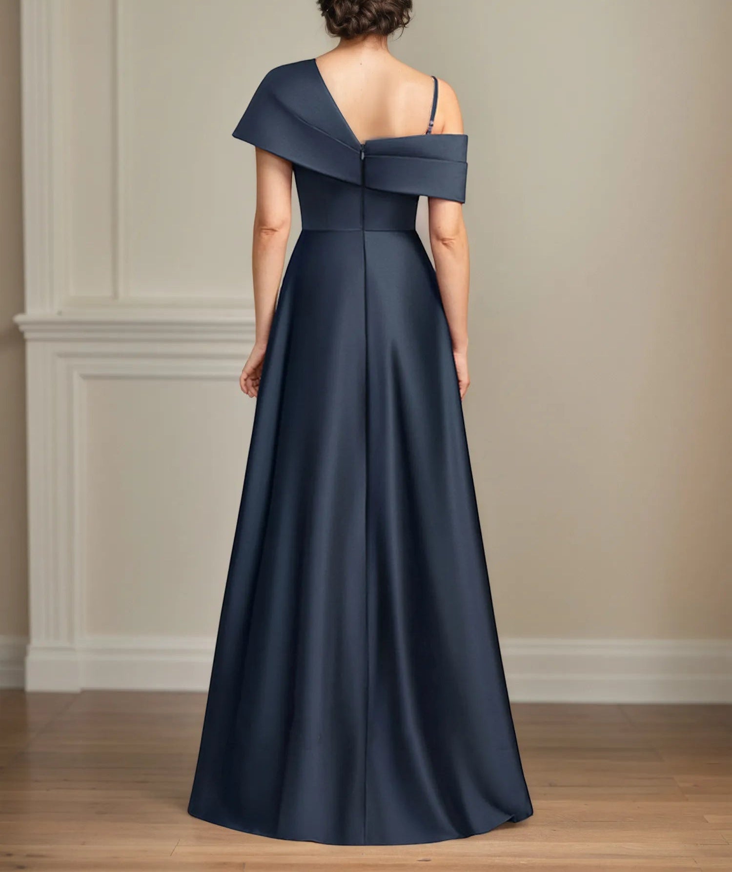 A Line Asymmetrical Floor-Length Satin Mother of the Bride Dress With Pleated