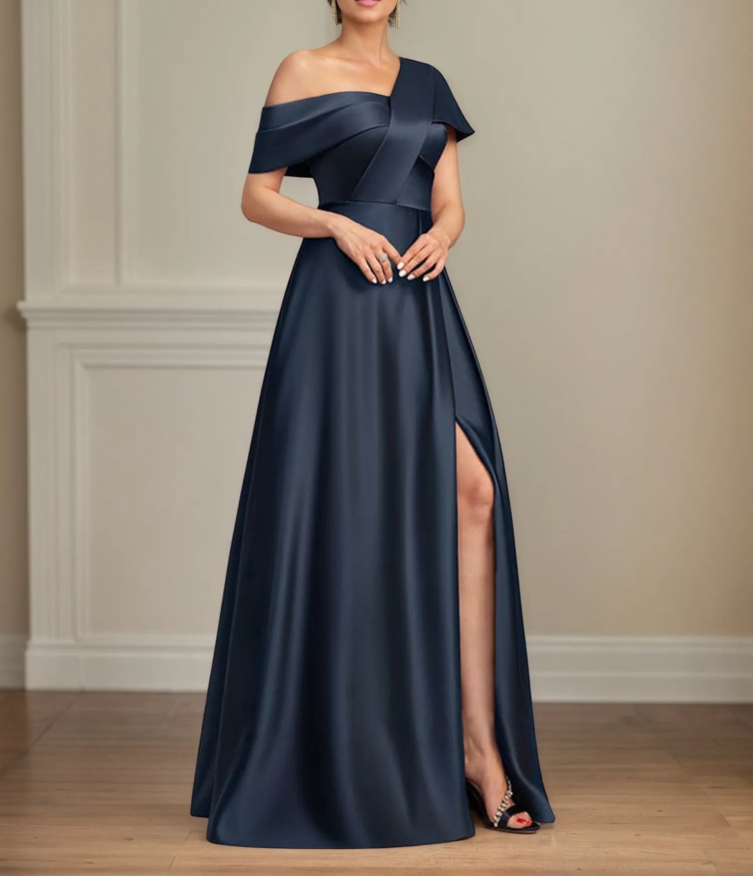 A Line Asymmetrical Floor-Length Satin Mother of the Bride Dress With Pleated
