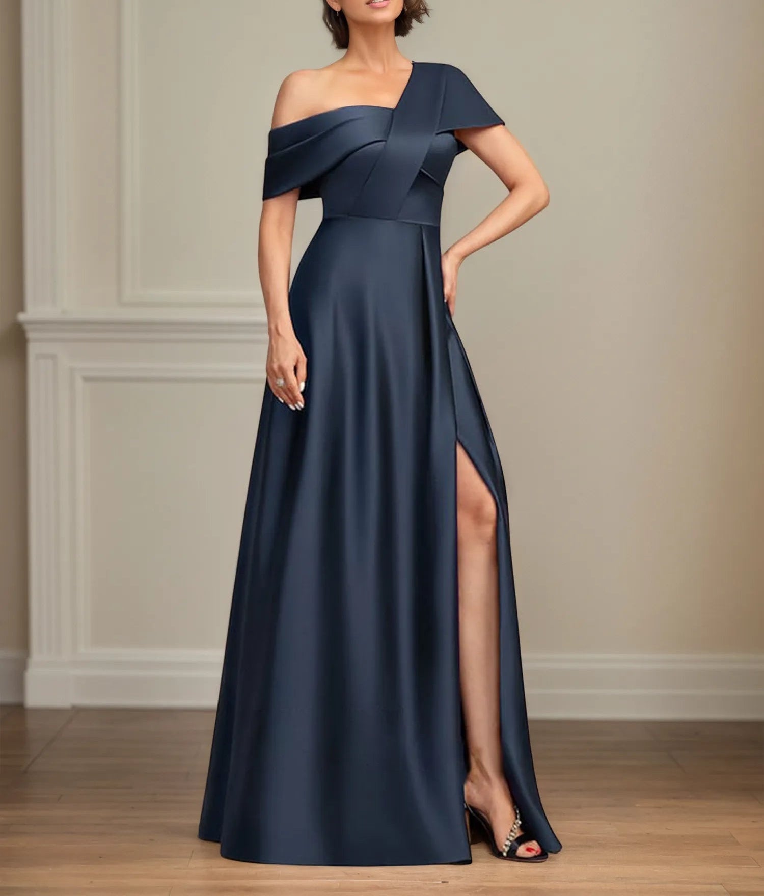 A Line Asymmetrical Floor-Length Satin Mother of the Bride Dress With Pleated