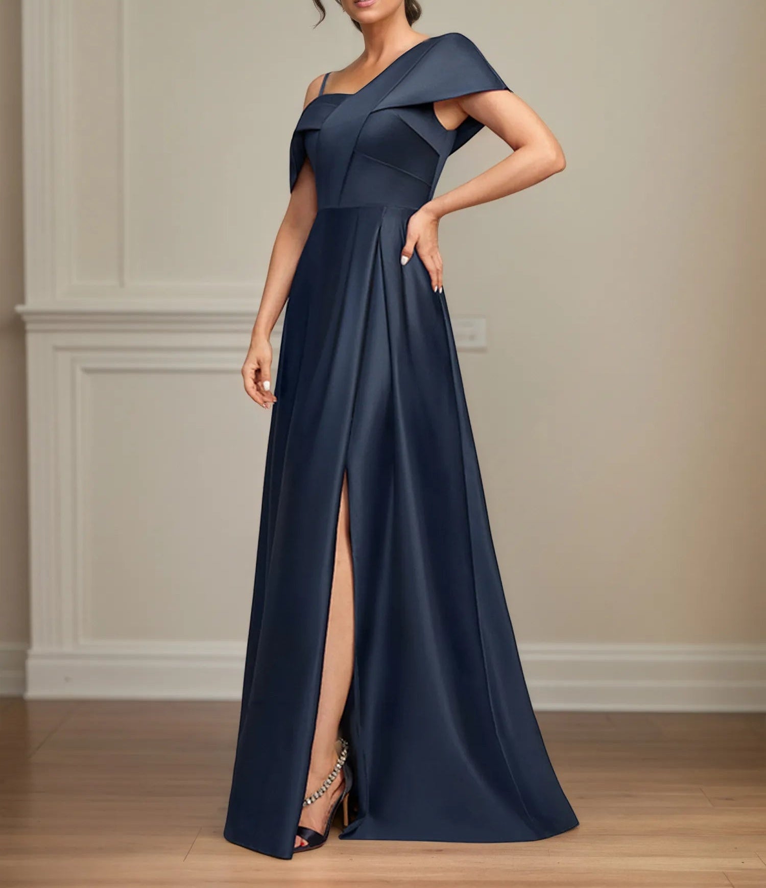 A Line Asymmetrical Floor-Length Satin Mother of the Bride Dress With Pleated