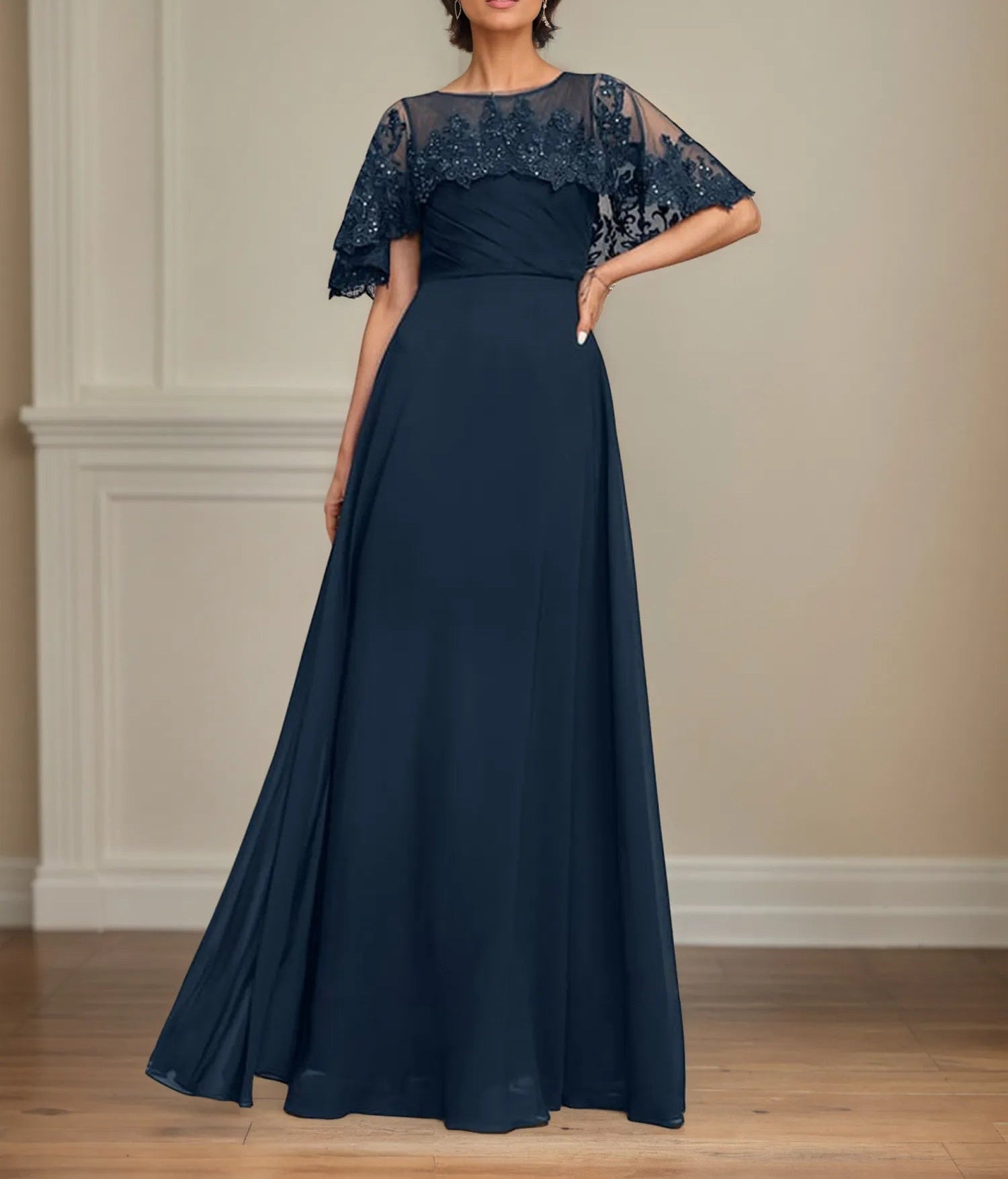 A Line Scoop Floor Length Chiffon Mother of the Bride Dress With Pleated Sequins