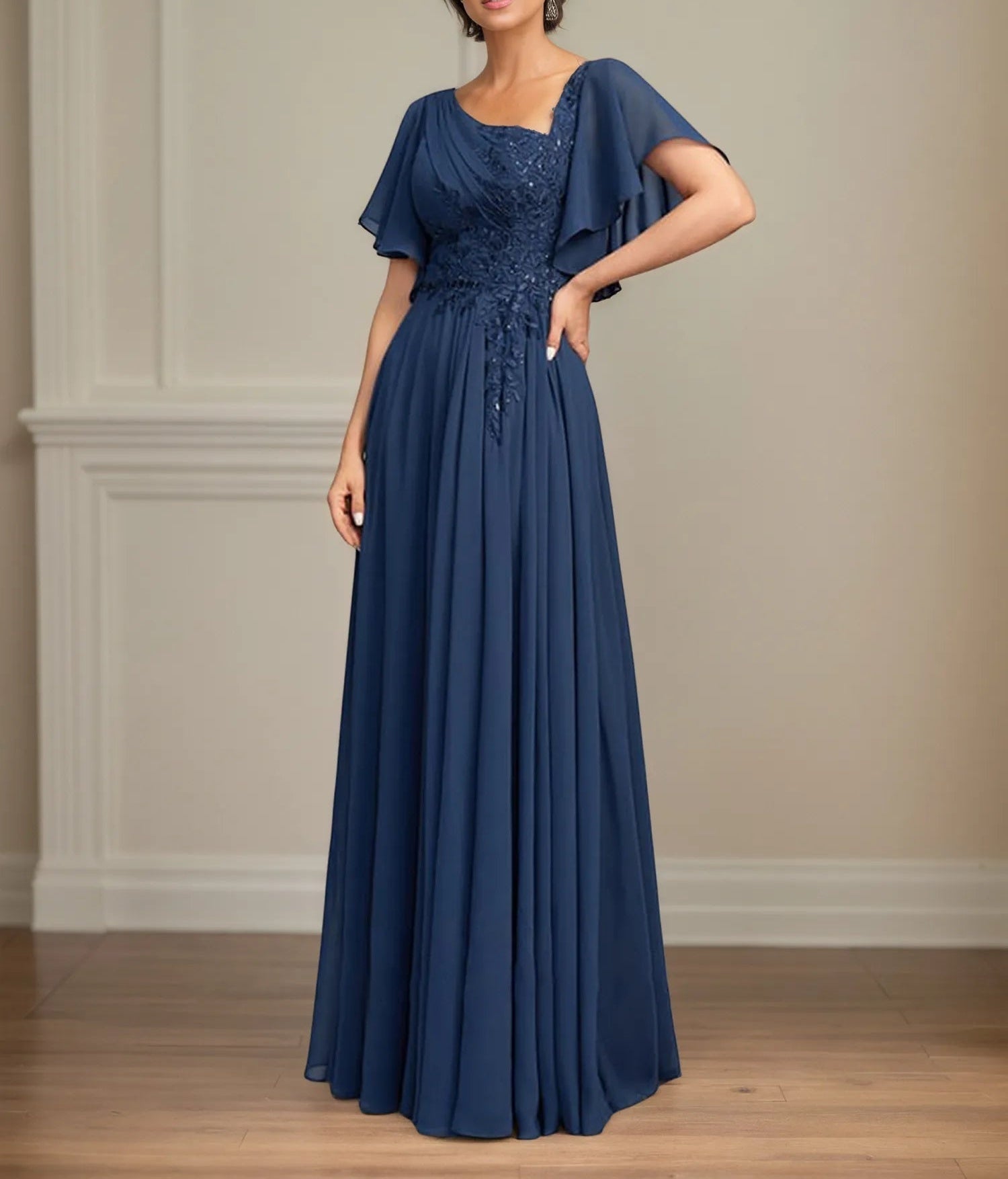 A Line Asymmetrical Floor Length Lace Chiffon Mother of the Bride Dress With Pleated Sequins