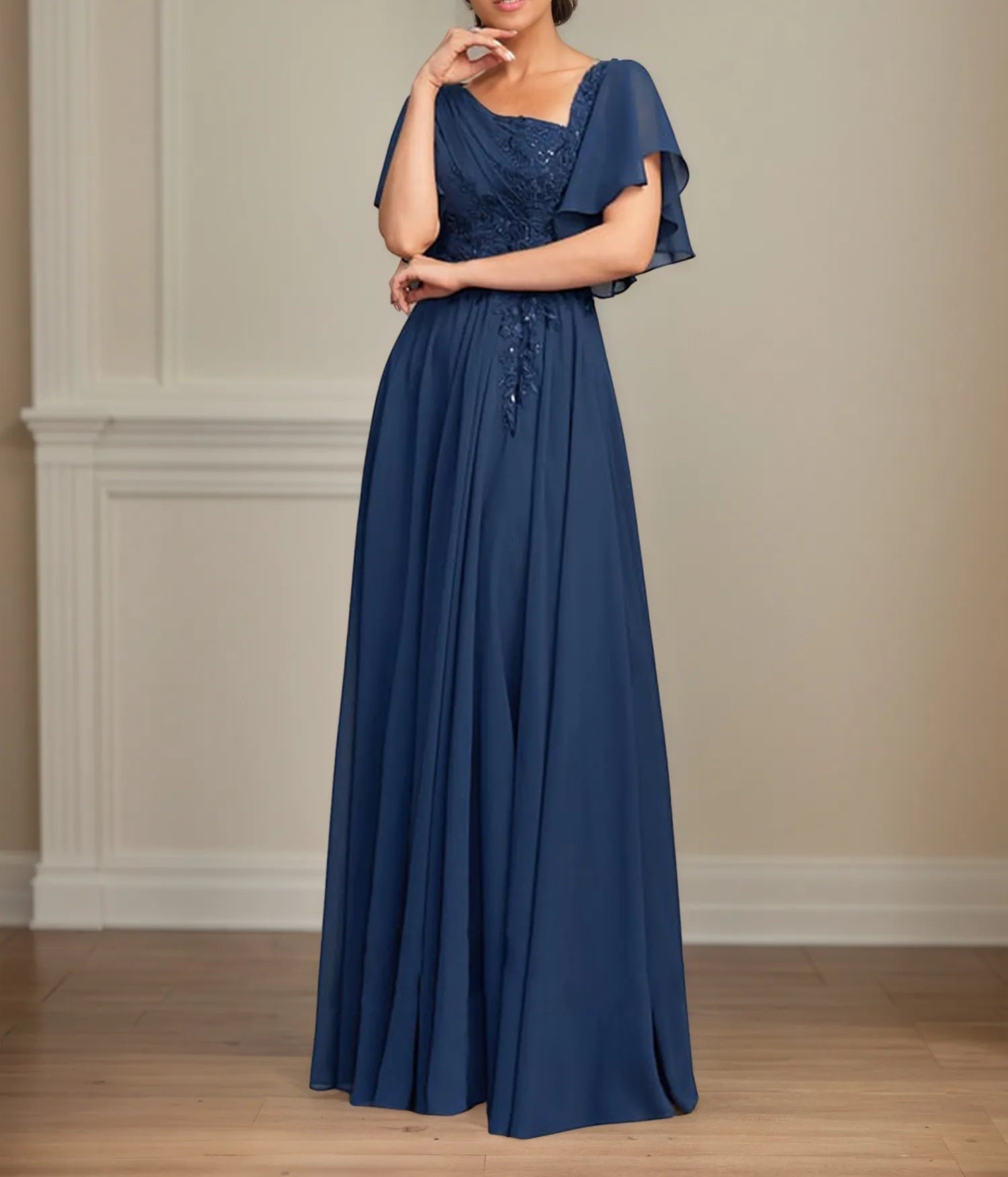 A Line Asymmetrical Floor Length Lace Chiffon Mother of the Bride Dress With Pleated Sequins