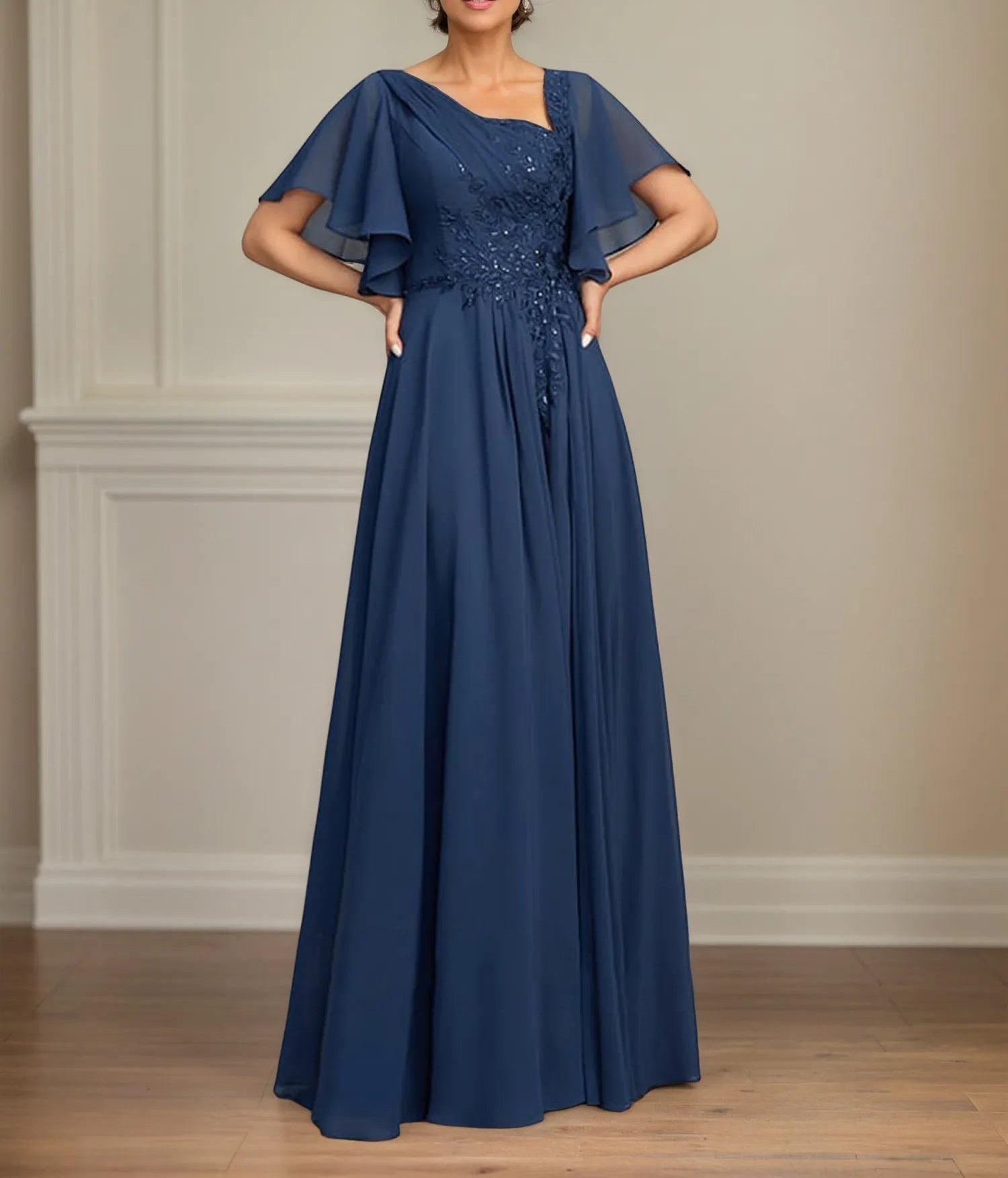 A Line Asymmetrical Floor Length Lace Chiffon Mother of the Bride Dress With Pleated Sequins