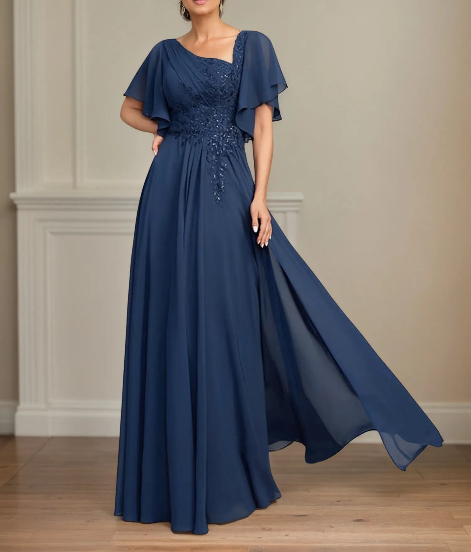 A Line Asymmetrical Floor Length Lace Chiffon Mother of the Bride Dress With Pleated Sequins