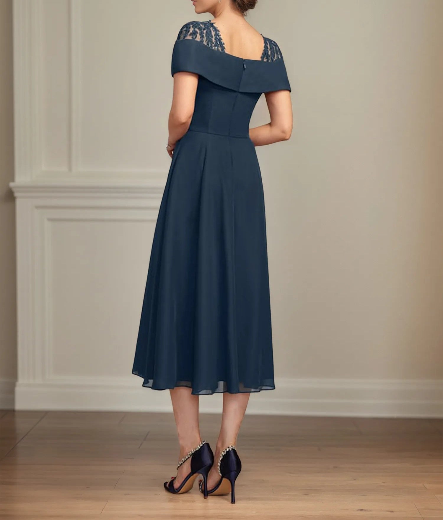 A Line Square Neck Tea Length Chiffon Mother of the Bride Dress With Pleated Sequins