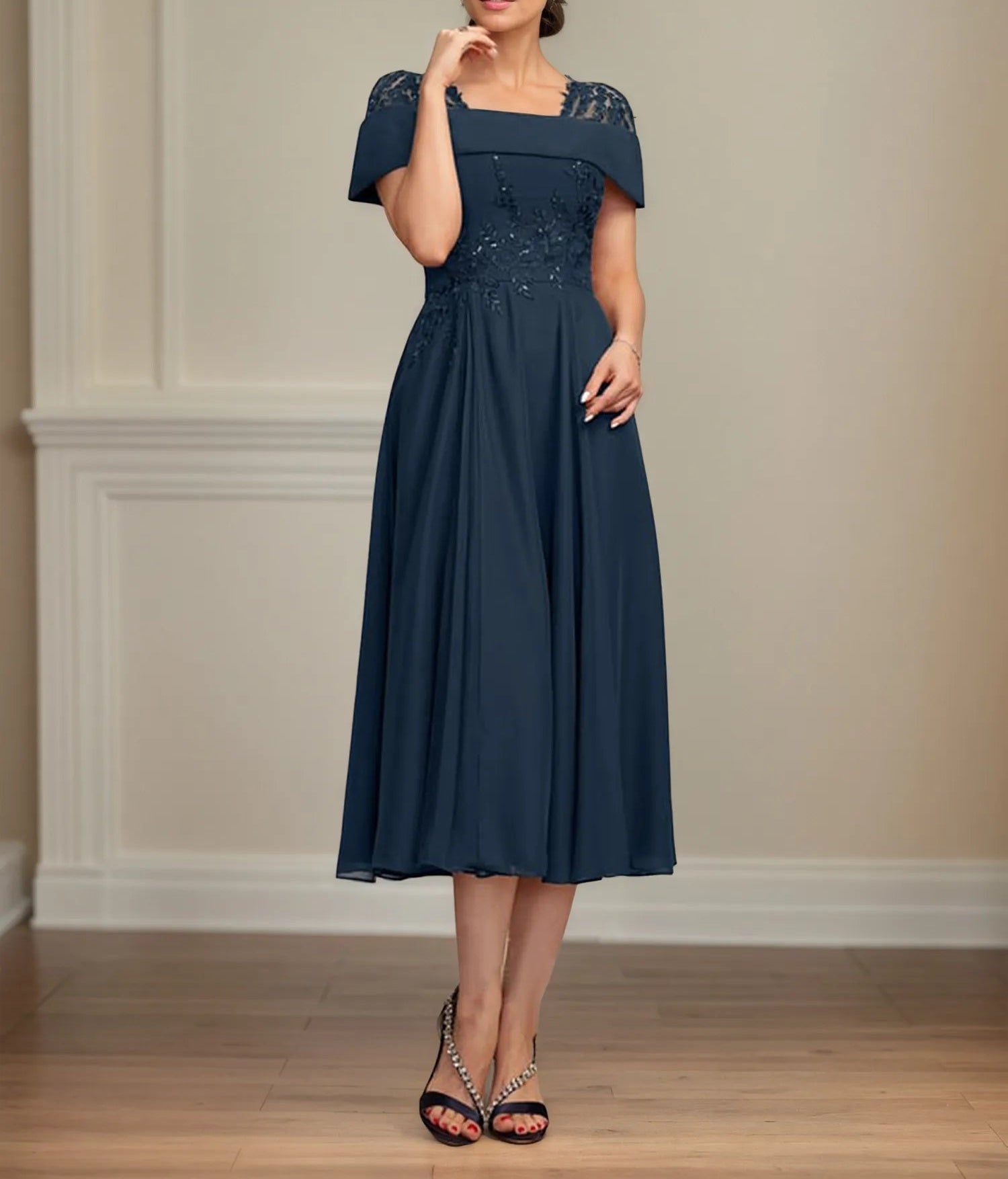 A Line Square Neck Tea Length Chiffon Mother of the Bride Dress With Pleated Sequins