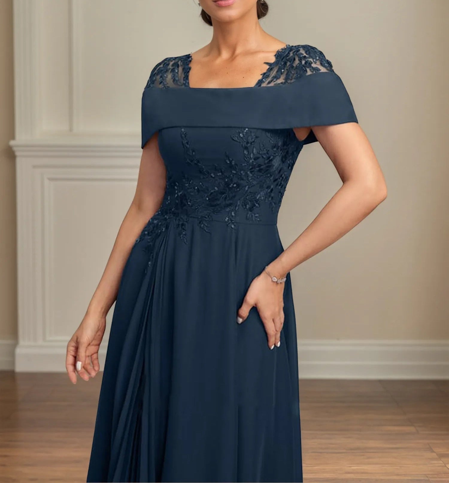 A Line Square Neck Tea Length Chiffon Mother of the Bride Dress With Pleated Sequins