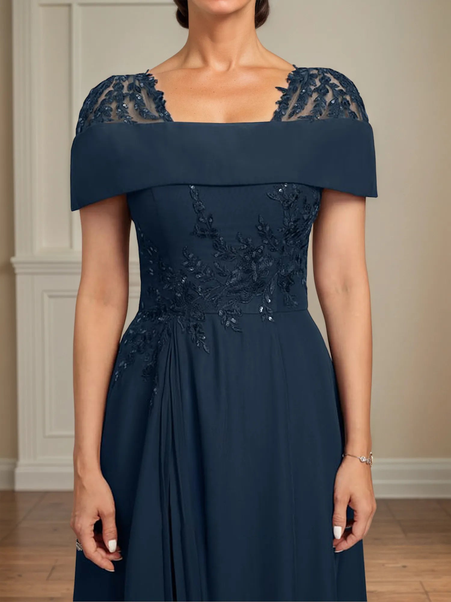 A Line Square Neck Tea Length Chiffon Mother of the Bride Dress With Pleated Sequins