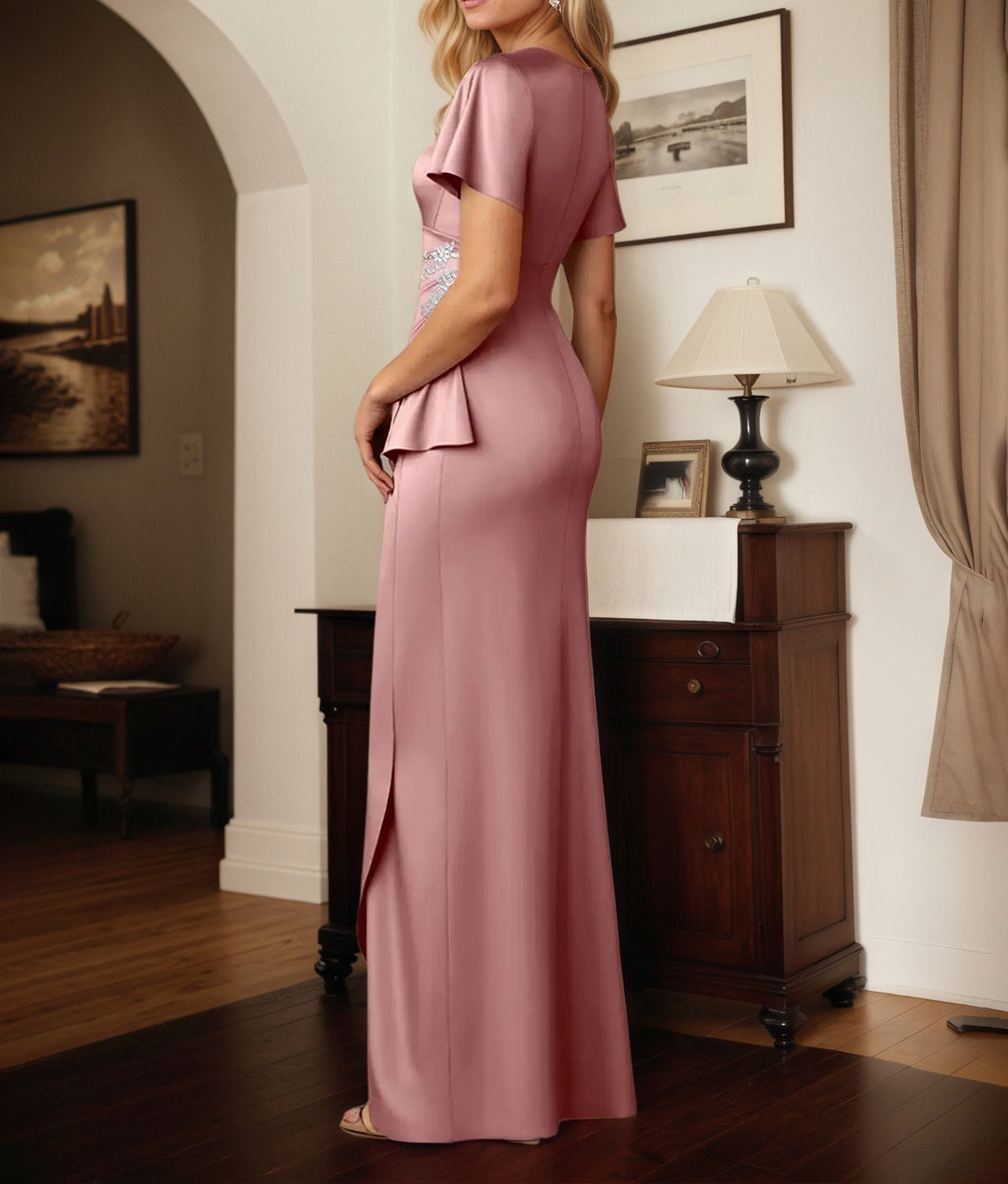 Sheath/Column Satin V Neck Short Sleeves Floor Length Dress