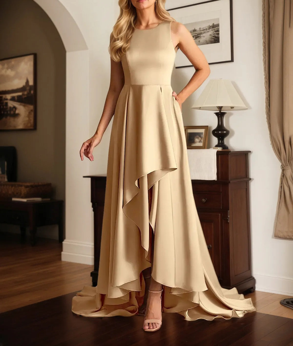 A Line Satin Scoop Neck Sleeveless asymmetrical Dress