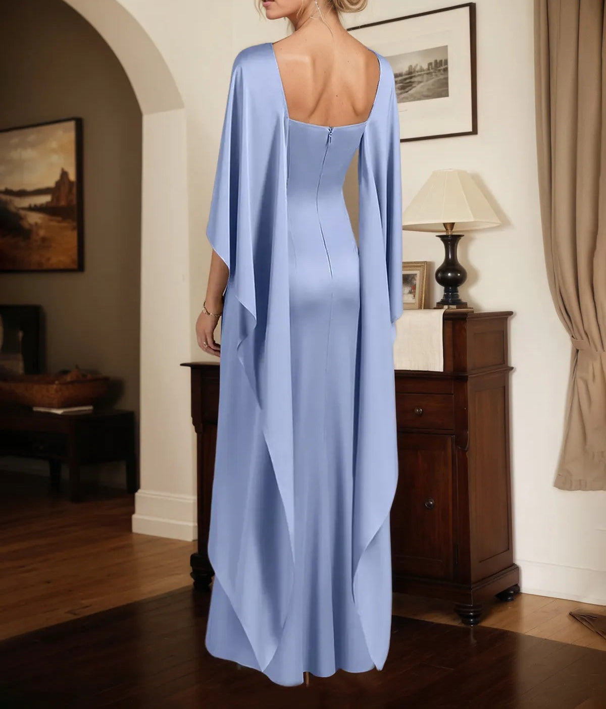 Sheath/Column Stretch Crepe Boat Neck Cape Sleeves Floor Length Dress