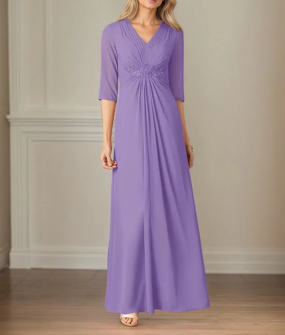 A Line Chiffon V Neck 3/4 Sleeves Floor Length Dress