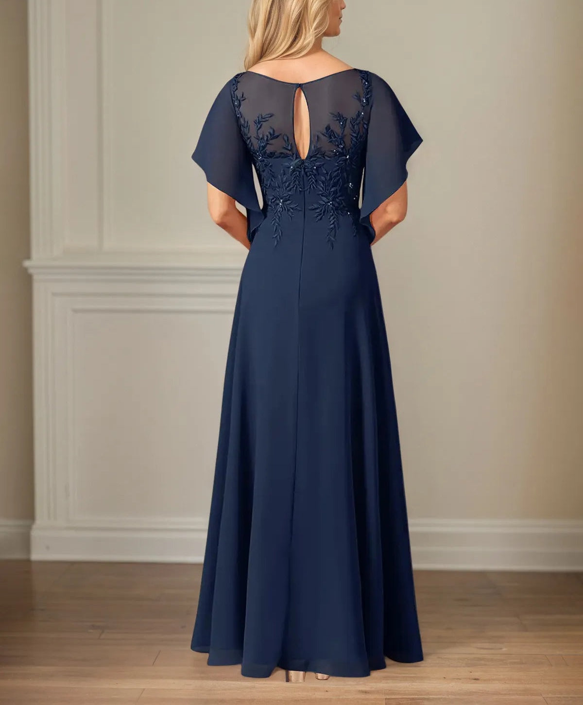 A Line Chiffon Boat Neck Flutter Sleeve Floor Length Dress