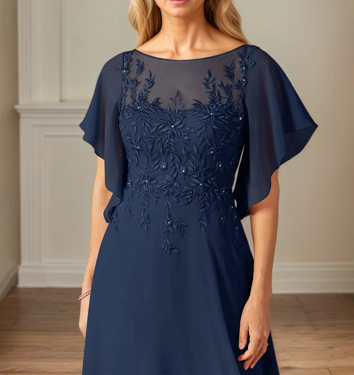 A Line Chiffon Boat Neck Flutter Sleeve Floor Length Dress