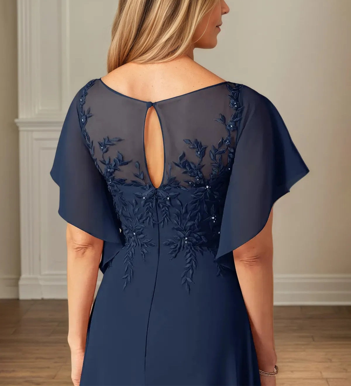 A Line Chiffon Boat Neck Flutter Sleeve Floor Length Dress