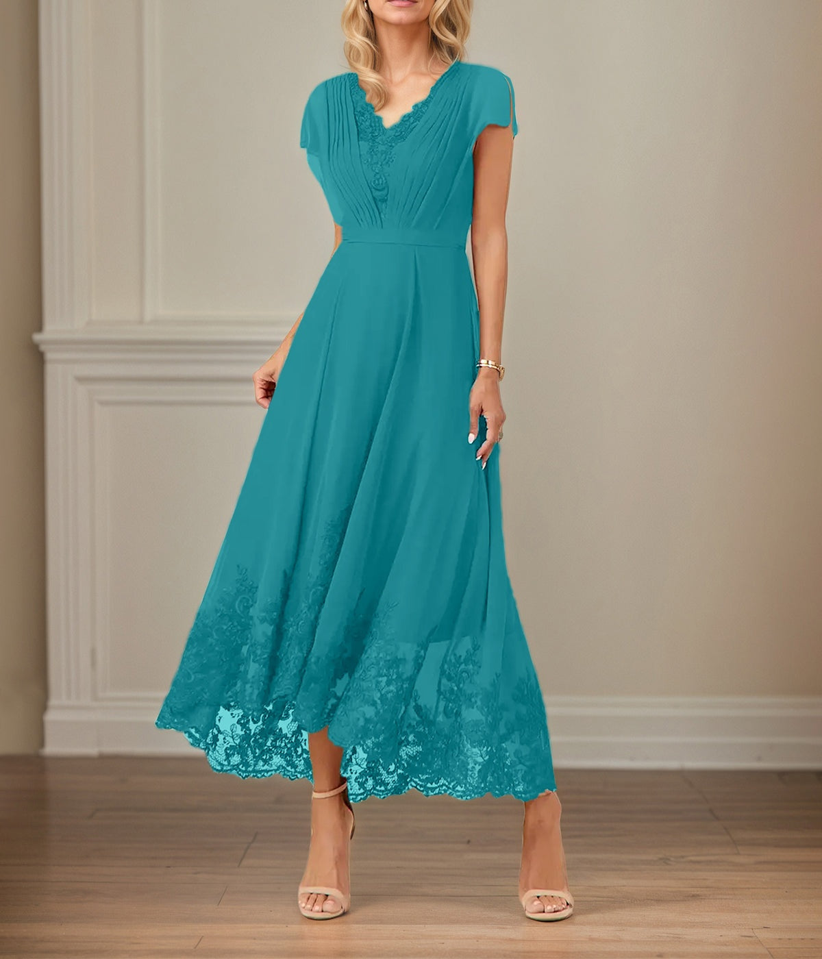 A Line V Neck Flutter Sleeve Ankle Length Chiffon Dress With Appliques