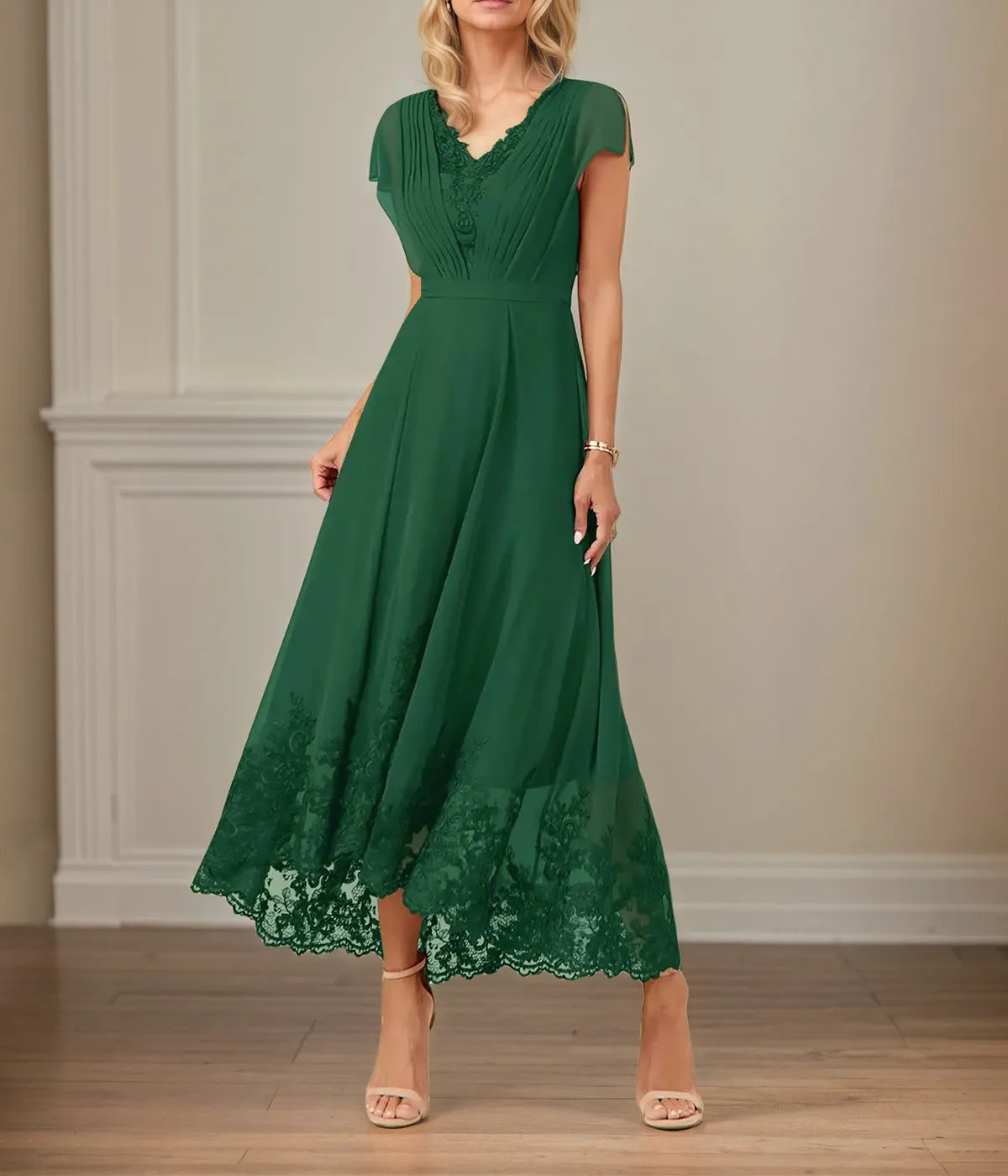 A Line V Neck Flutter Sleeve Ankle Length Chiffon Dress With Appliques